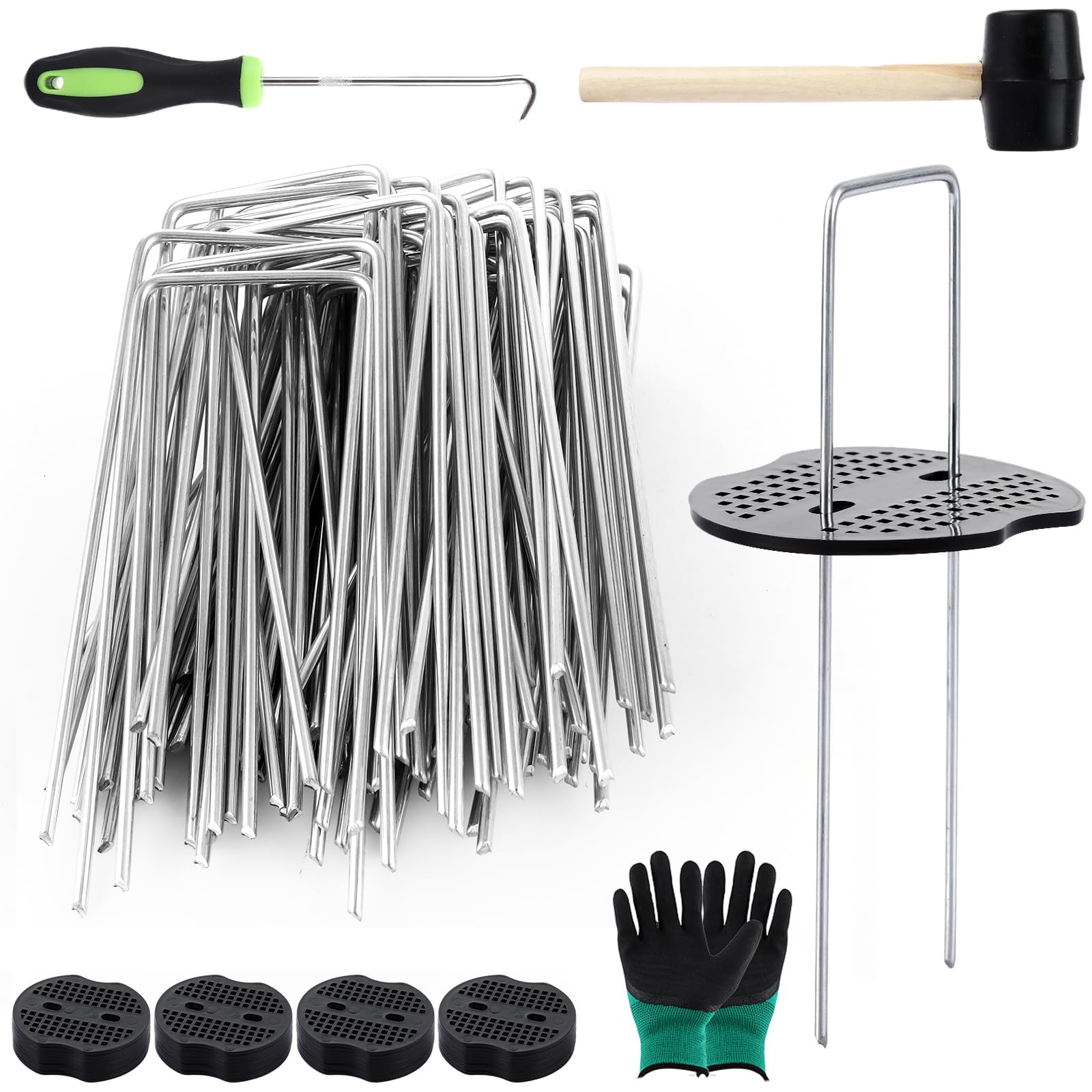 Lot de 100 piquets de membrane de mauvaises herbes, avec 100 rondelles tampons, crochet et marteau, piquets en métal galvanisé de 100 mm, piquets de sol de jardin en forme de U pour gazon