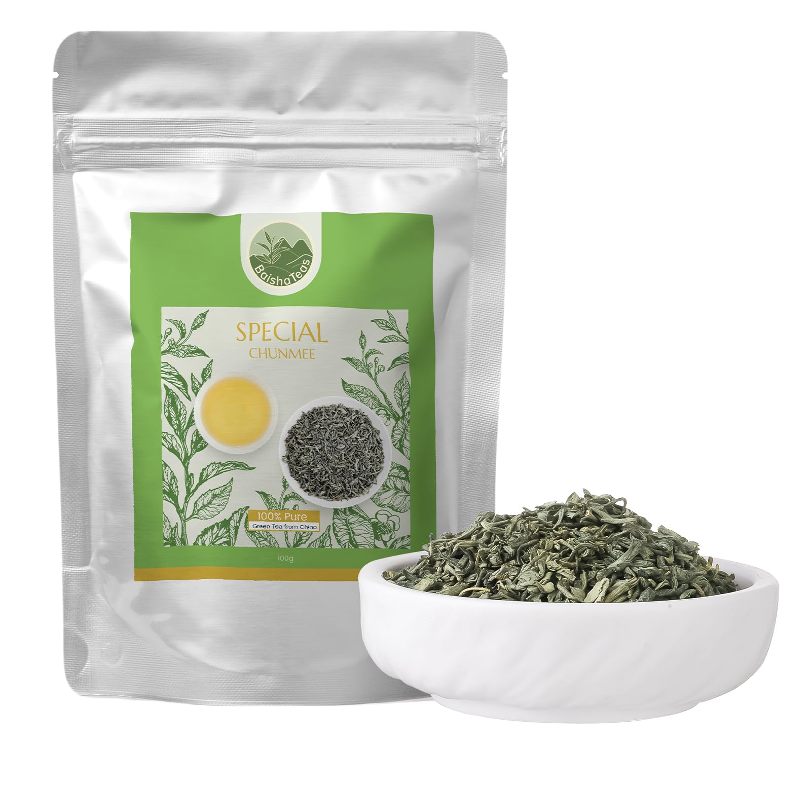 BaishaTeas Grüner Tee Lose aus China, 100g,100% Reiner Chun Mee Tee, Glutenfrei, Hochwertiger Grüntee Direkt aus China, für über 48 Tassen