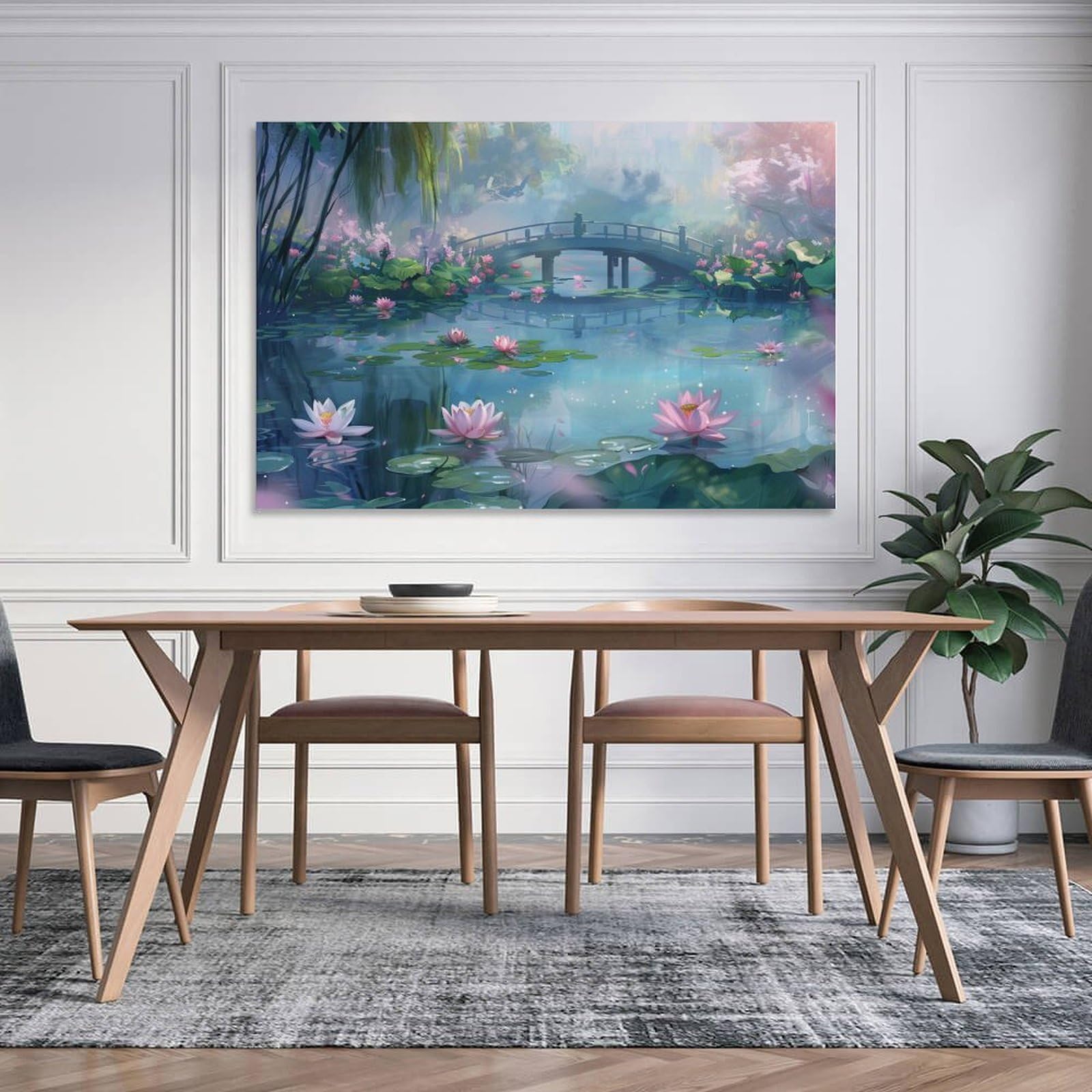 Amazon.co.jp: 絵画 池にかかる小さな橋の眺めインテリア 絵画 美しい