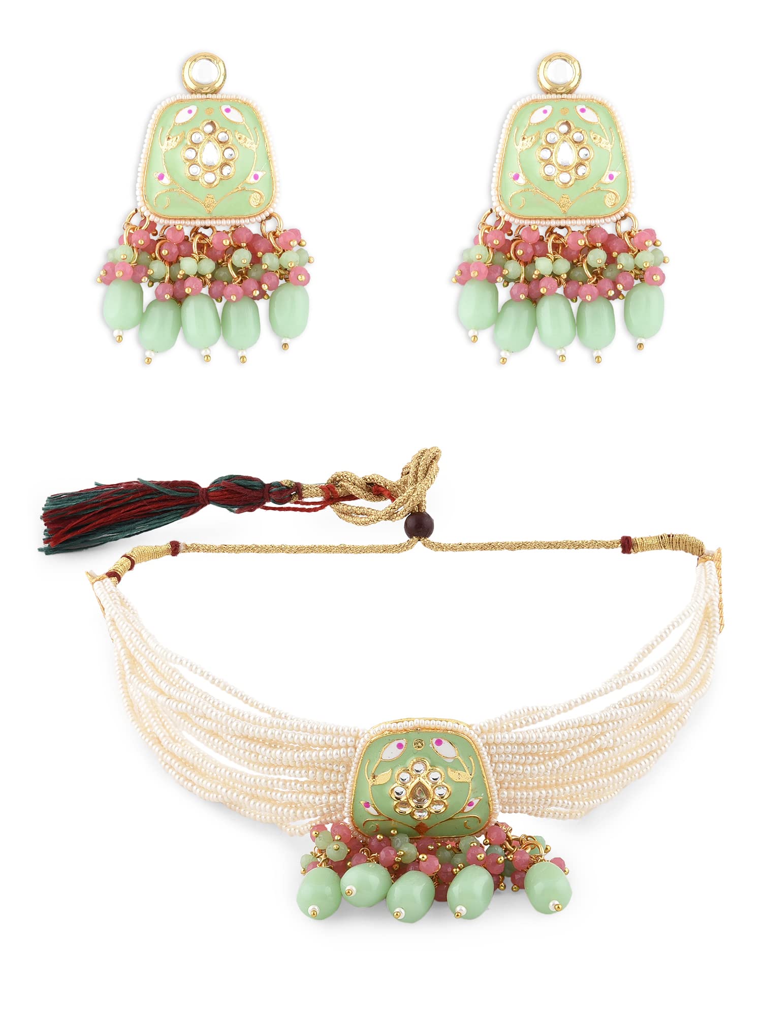 ZAVERI PEARLS Pink & Green Multistrand Pearls Beaded Meenakari Choker Necklace & Earring Set For Women-ZPFK14657 (B0BCGW2594) Amazon Price History, Amazon Price Tracker