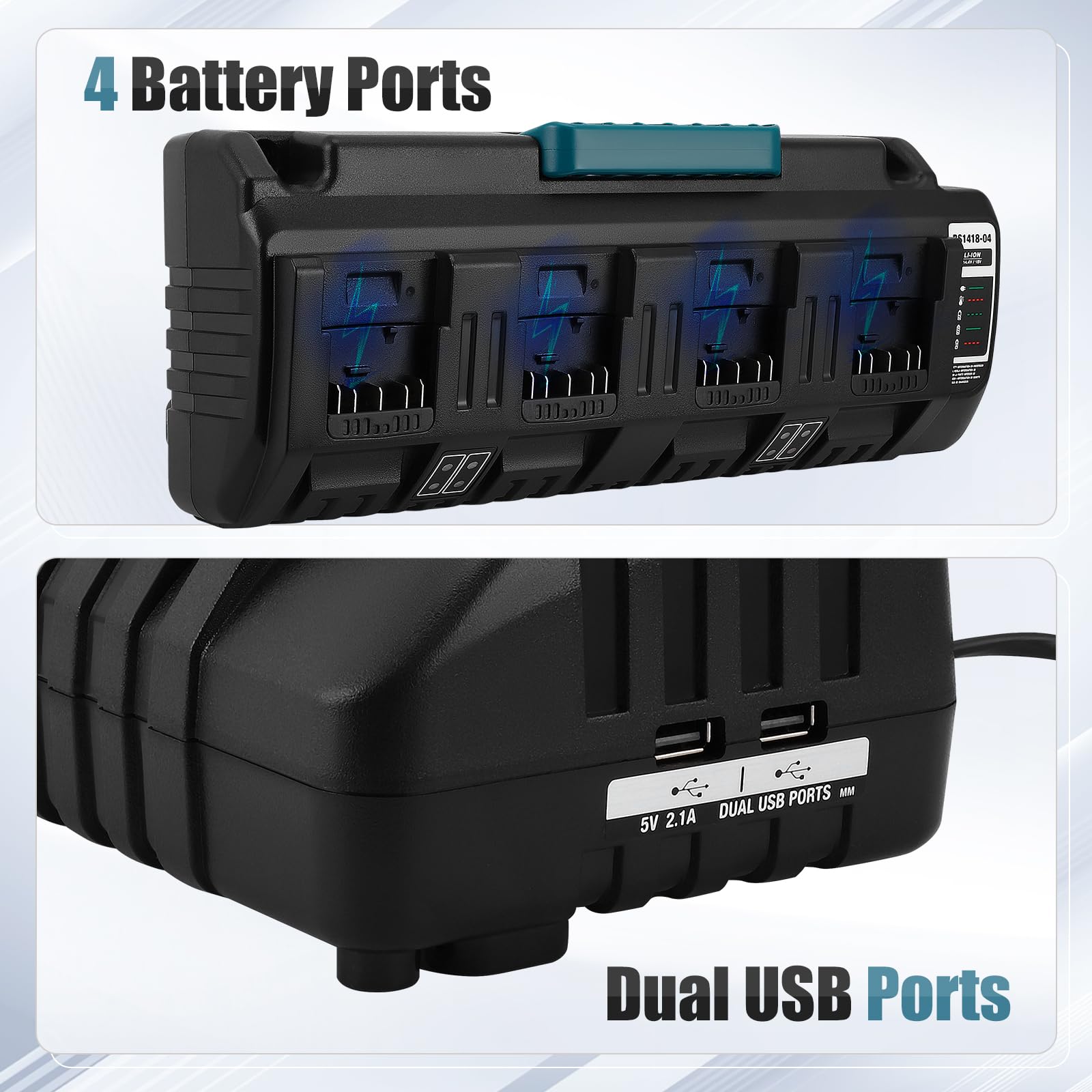 Cargador de 4 Puertos con Dos Puertos USB, Compatible con baterías de Iones de Litio Bosch de 14,4 V a 18 V, BS1418-04, con indicador LED y protección de Seguridad.