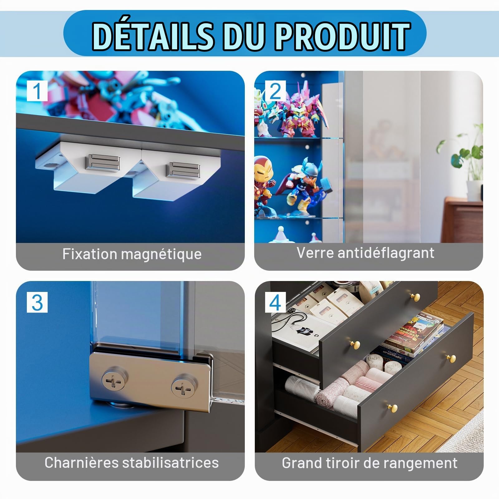MSFE Vitrine en Verre avec LED,Armoire Vitrine Cintrée avec Éclairage Dynamique,2 Portes vitrées et 2 Tiroirs,Vitrine sur Pied pour Salon,Chambre,Figurines,Maquettes,Trophées,80x40x185cm