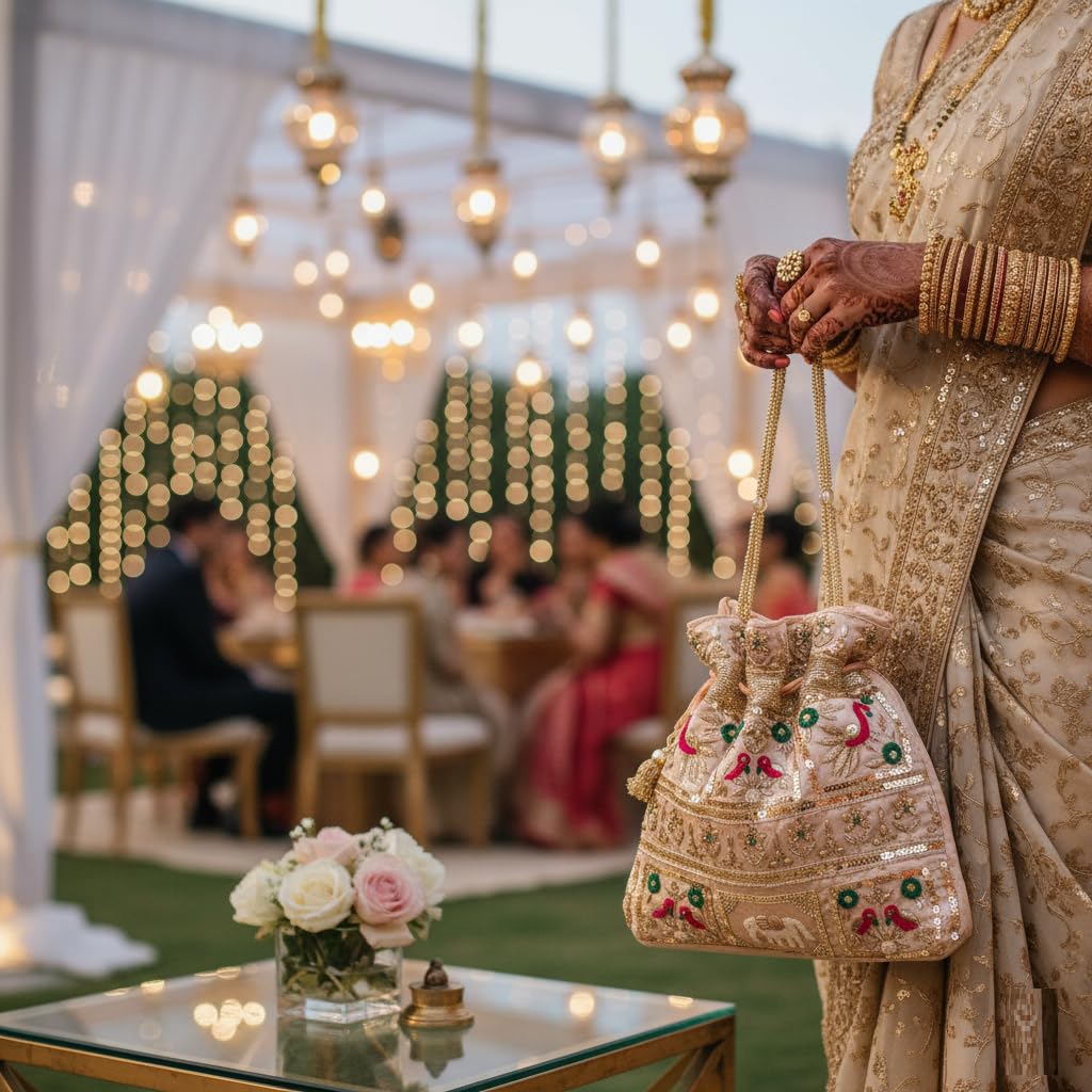 Amayra Luxe Handcrafted Embroidered Wedding Potli Bag with Elephant & Peacock Motifs β Drawstring Ethnic Purse for Women (Gold & Multicolor) 3