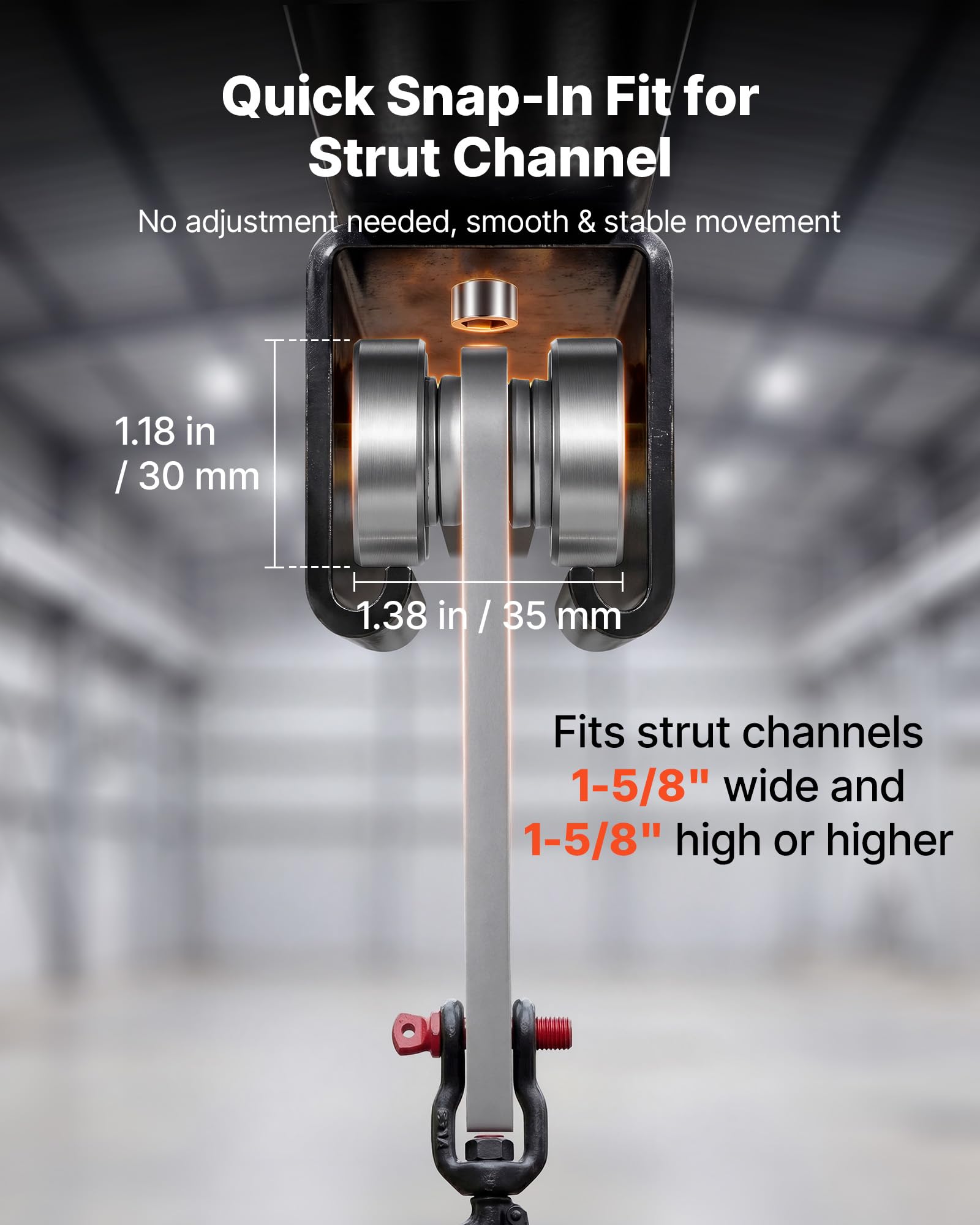 VEVOR Rulli per Trave a C Sistema a 8 Ruote Kit 4 Pezzi Carico Max 1361 kg, Carrello a Rulli per Paranco Elettrico, Ruota con Doppio Cuscinetto, per Profilati 1-5/8'', Uso Industriale Magazzino Garage