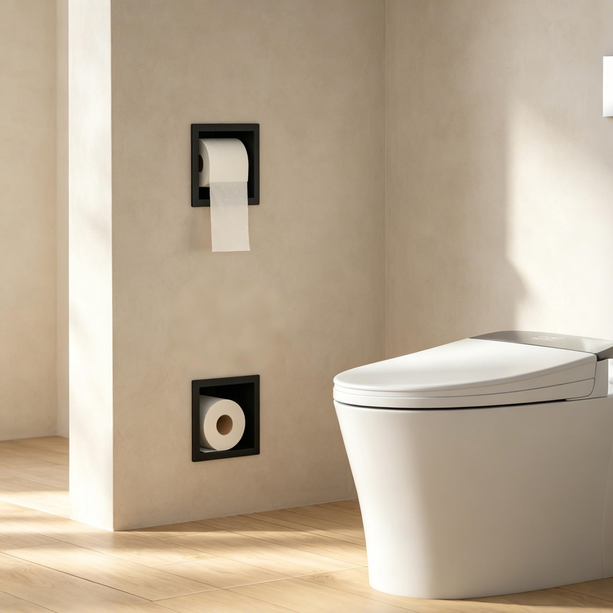 Soporte para papel higiénico empotrado, 74 × 20,8 × 14 cm, acero inoxidable, soporte para papel higiénico, módulo de armario empotrado para inodoro, negro
