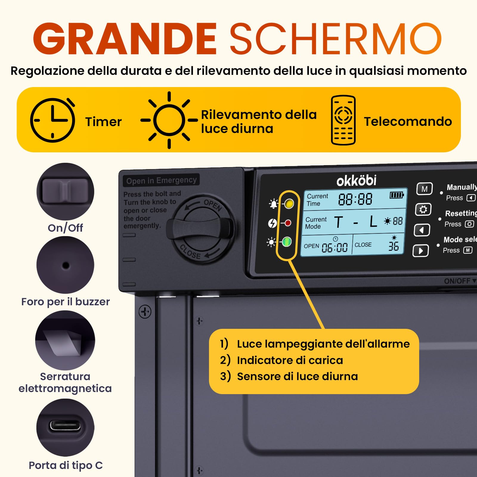 Okkobi Porta Automatica Pollaio Solare - Porta Pollaio con telecomando, Sensore di luce e Timer - Sicurezza e tranquillità: Funzione Antipizzicamento - PRO Version - Display LCD - Protezione di 5 anni