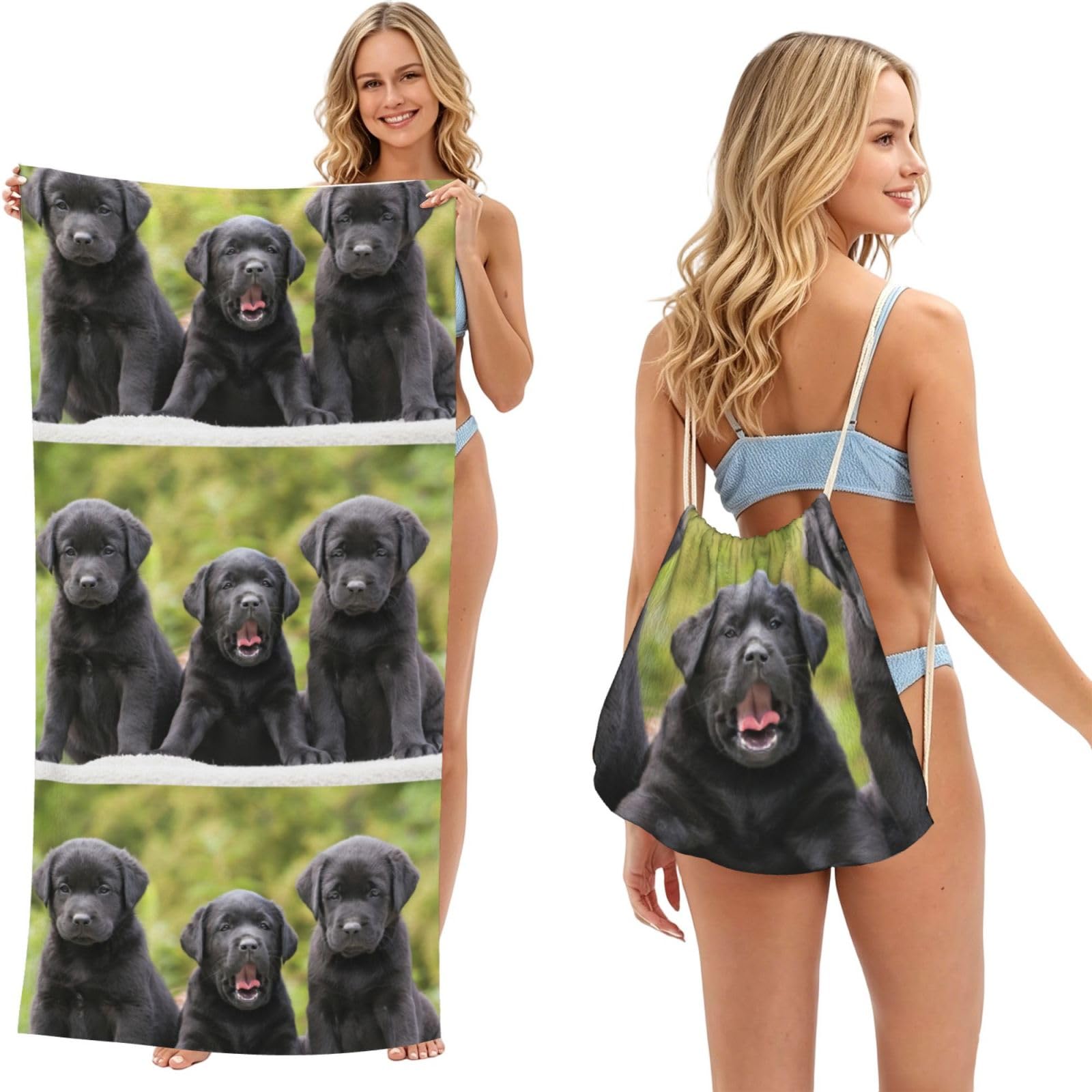 Poadnly As Picture Labrador Retriever Dog Print, 2 In 1 Packable Towel Bag, Beach Towels With Drawstring Backpack For Travel Holiday Camping