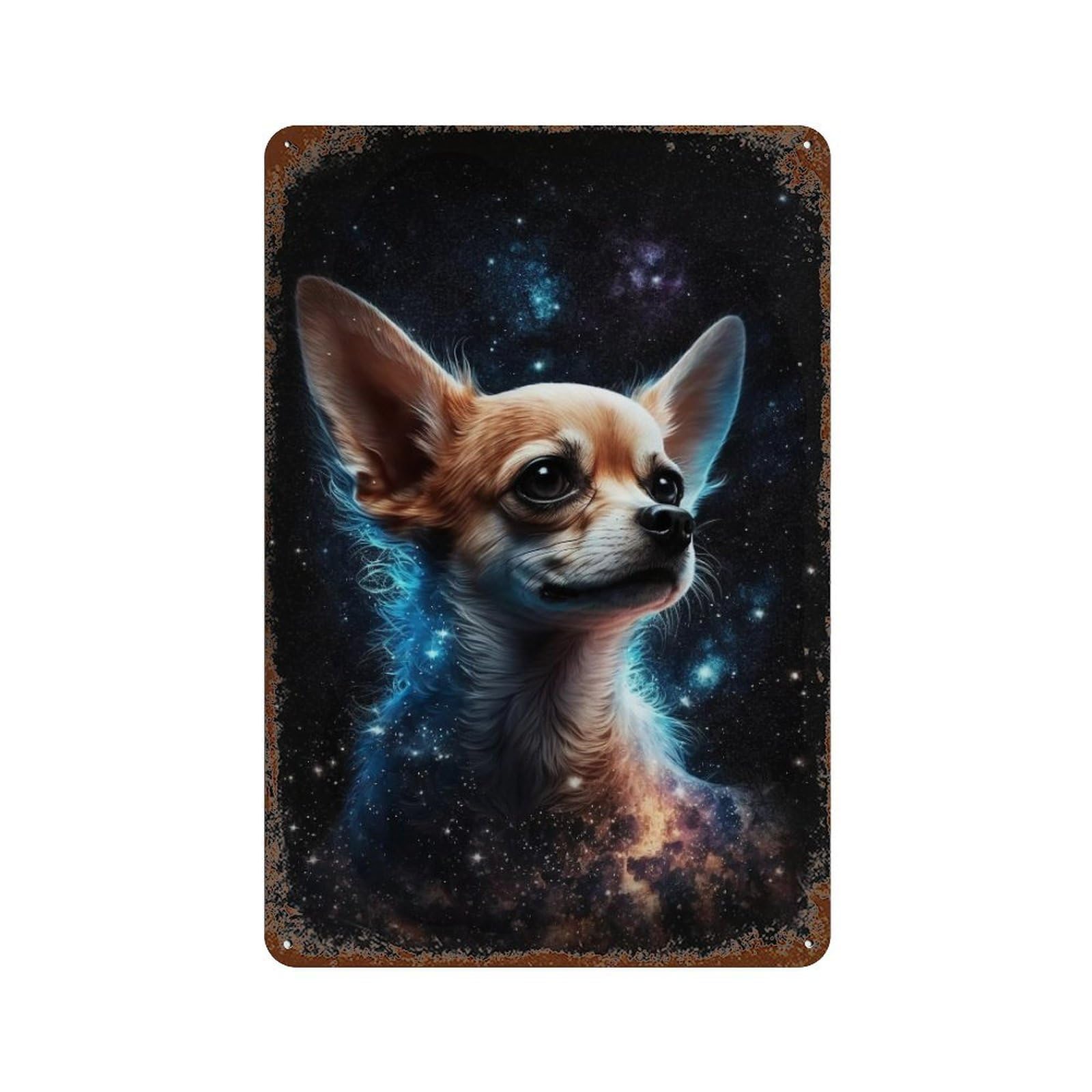 Cosmic Chihuahua Portrait Rustic Tin Plaque 11.8"x7.9", Rustic Home Decor for Office, Studio And Wall Decor