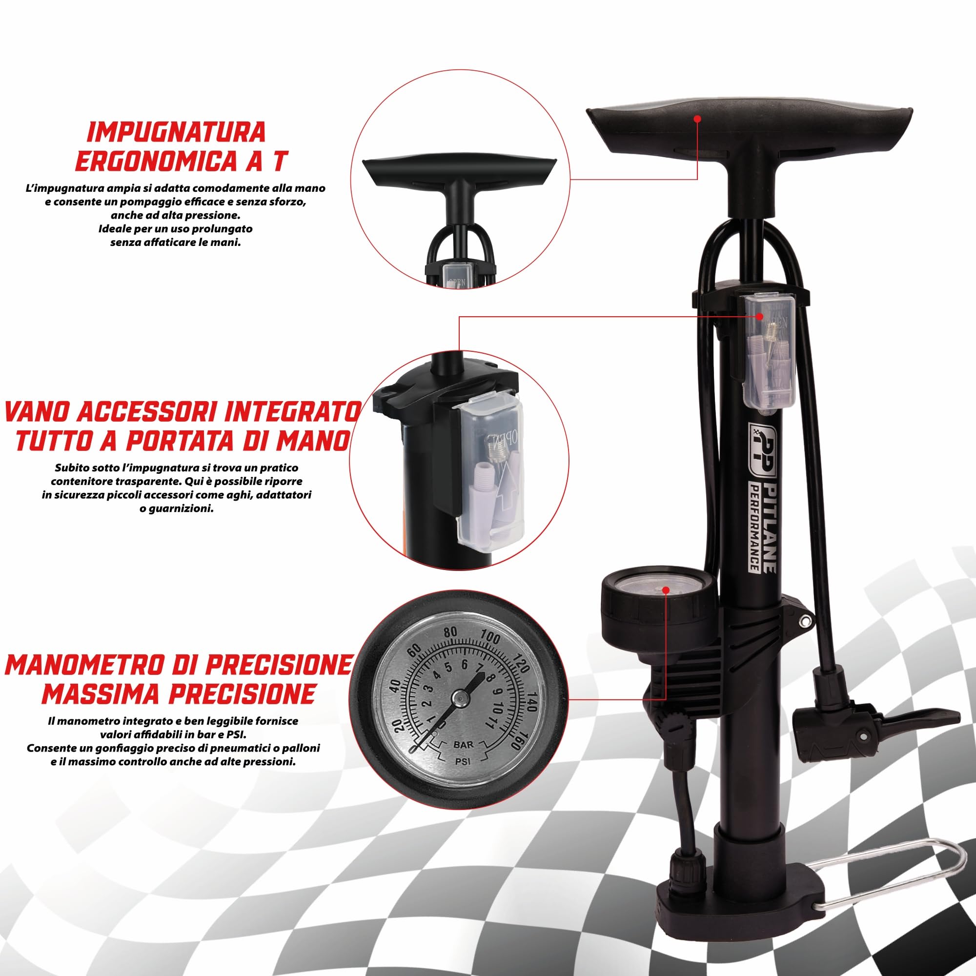 Pompa a pedale con manometro 42 cm 11 bar per valvole Schrader Presta Dunlop