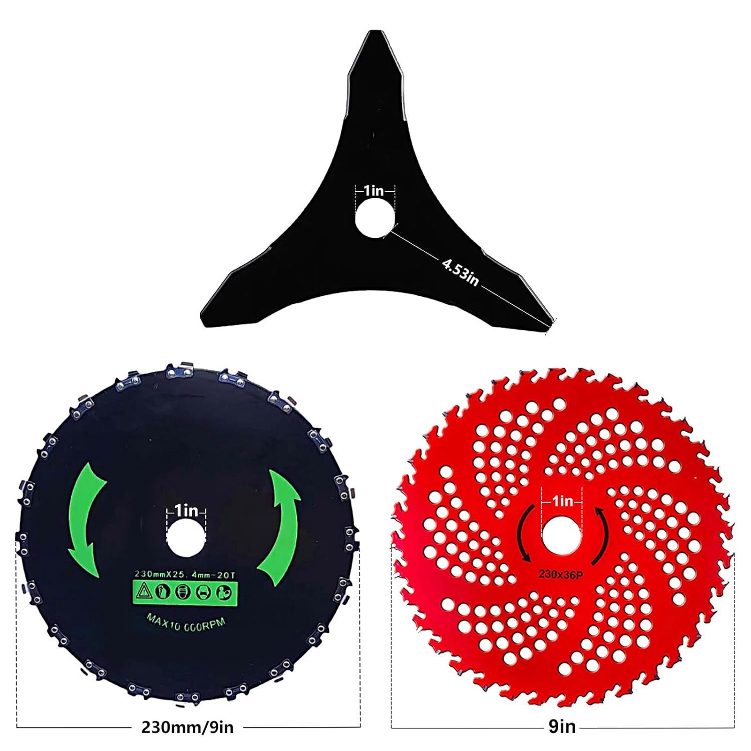 Brush Cutter Blade Set with Adapter Kit, 9" 20T Chainsaw Tooth Cutter, 9" 36T Carbide Tipped Blade, 10" 3T Carbon Steel Blade, for Stihl Husqvarna Sears Echo Poluan Redmax Shindaiwa