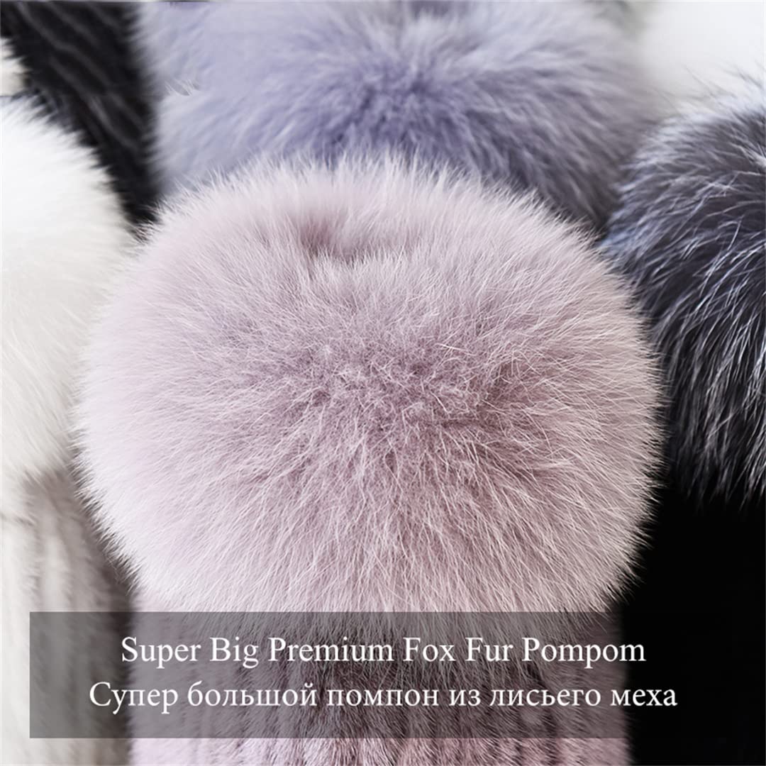 KMMBBTY Sombreros de Invierno de Piel de visón para Mujer con Gorro de Punto con Pompones, Gorro Femenino de elásticos cálidos a la Moda