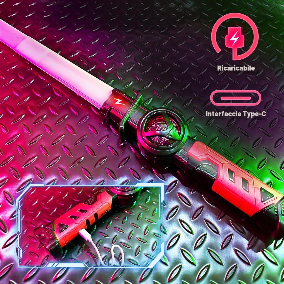 VATOS 2PCS Spade Luminose Ricaricabili per Bambini, 15 Colori Variabili con Effetti Sonori di Combattimento, Giocattolo di Spada Luminosa LED Retrattile 2 in 1 per Cosplay, Feste su Samurai