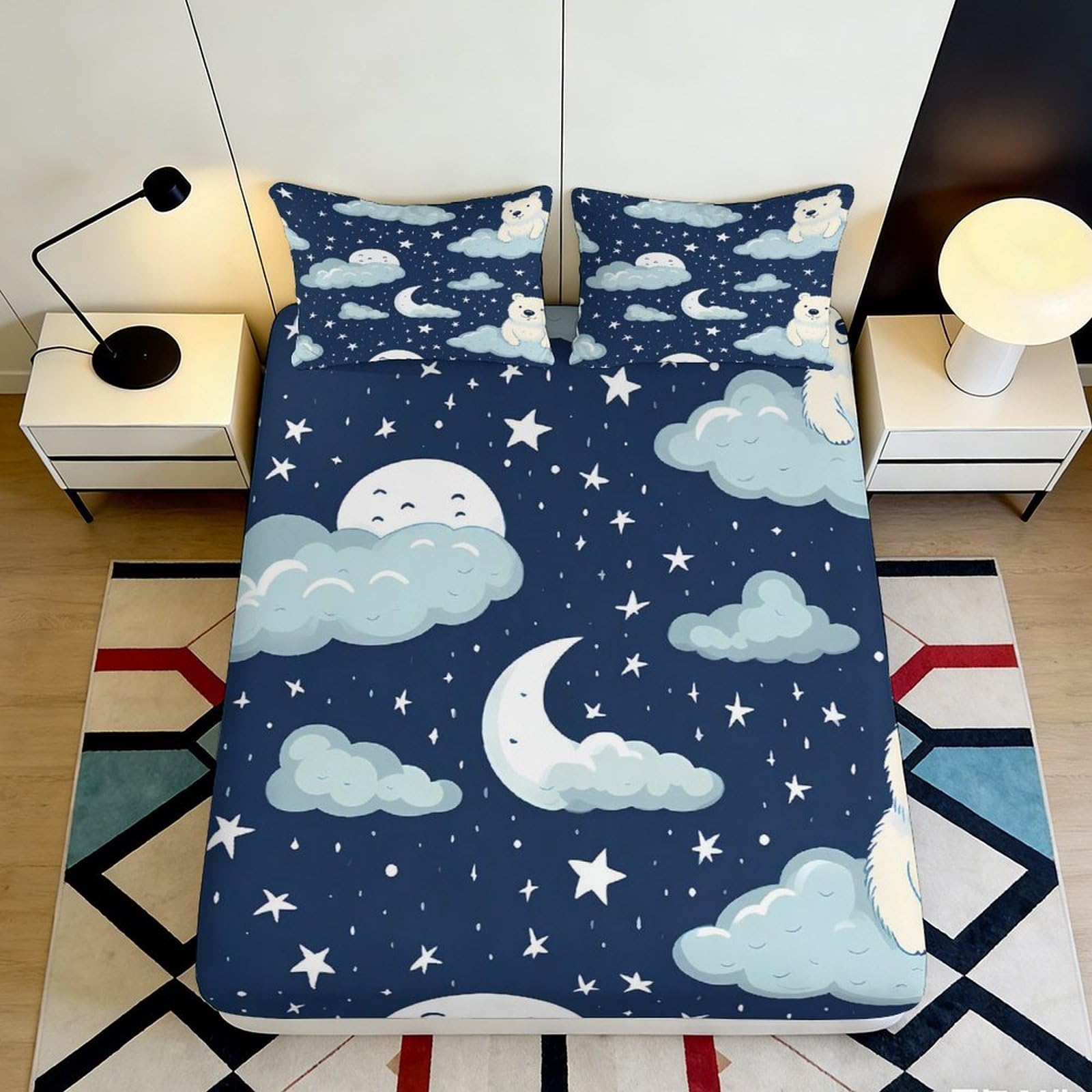 3D Printed Moon Starry Night Fitted Sheet Microfiber Soft Clouds Bed Cover for Bedroom Guest Room Decor 90x200x25cm