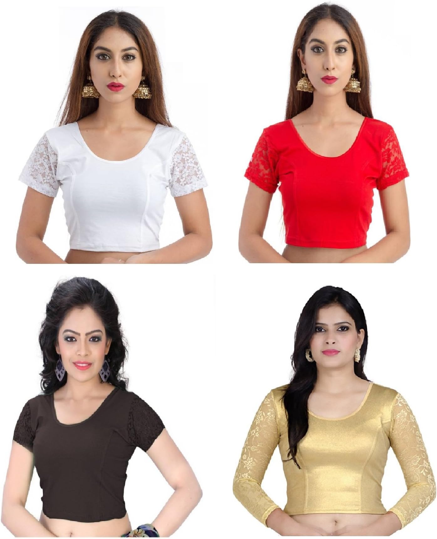 Fressia Fabrics Women's Stretchable Readymade Saree Blouse Crop Top Choli Pack of 4