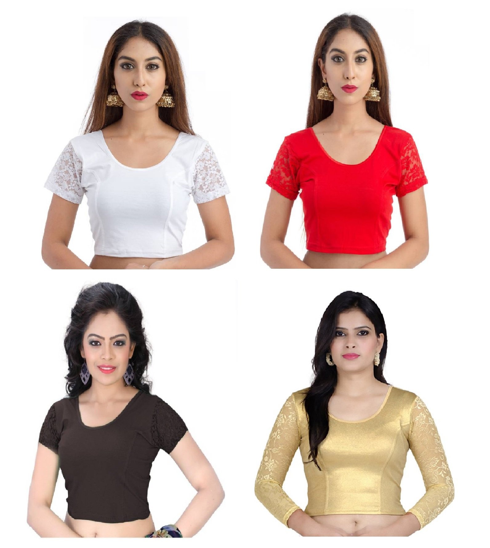 Fressia Fabrics Women's Stretchable Readymade Saree Blouse Crop Top Choli Pack of 4