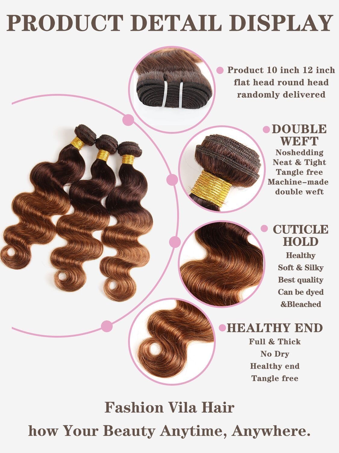 2 Tone Ombre Brazilian Body Wave Hair 3 Bundles Brazilian Remy Virgin Human Hair Weave Bundles 100% Unprocessed Body Wave Human Hair Extensions T4/30 Medium Brown/Medium Auburn(10 12 14) - Image 2