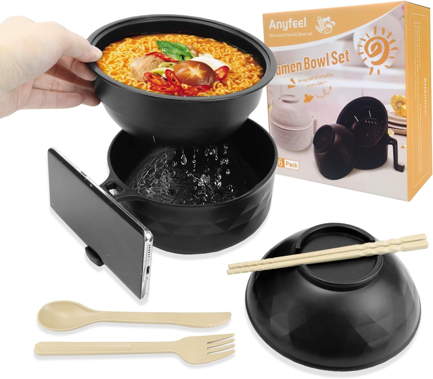 Anyfeel Ramen Cooker, Microwave Ramen Bowl Set with Chopsticks Spoon Ramen Noodle