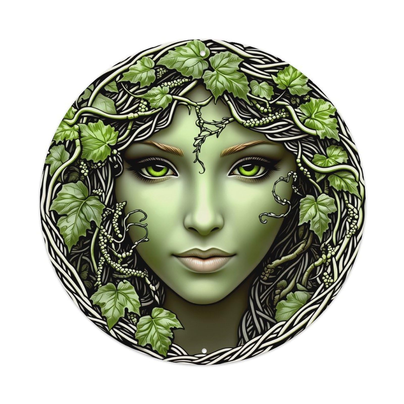 Green Leaf Vine Face Pattern Round Tin Sign Vintage Metal Poster, Home Bar Garage Man Cave Cafe Indoor & Outdoor Wall Decoration 8x8Inches