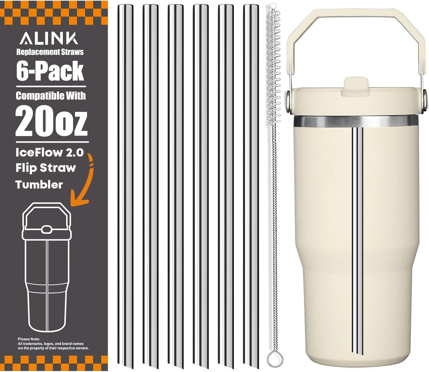 ALINK Stainless Steel Straws Compatible with Stanley IceFlow 2.0 Flip Straw Tumbler 20oz, 6 Pack Reusable Metal Straws for Ice Flow 20oz 2.0 Cup Lid Only, Plus Straw Brush-image-6