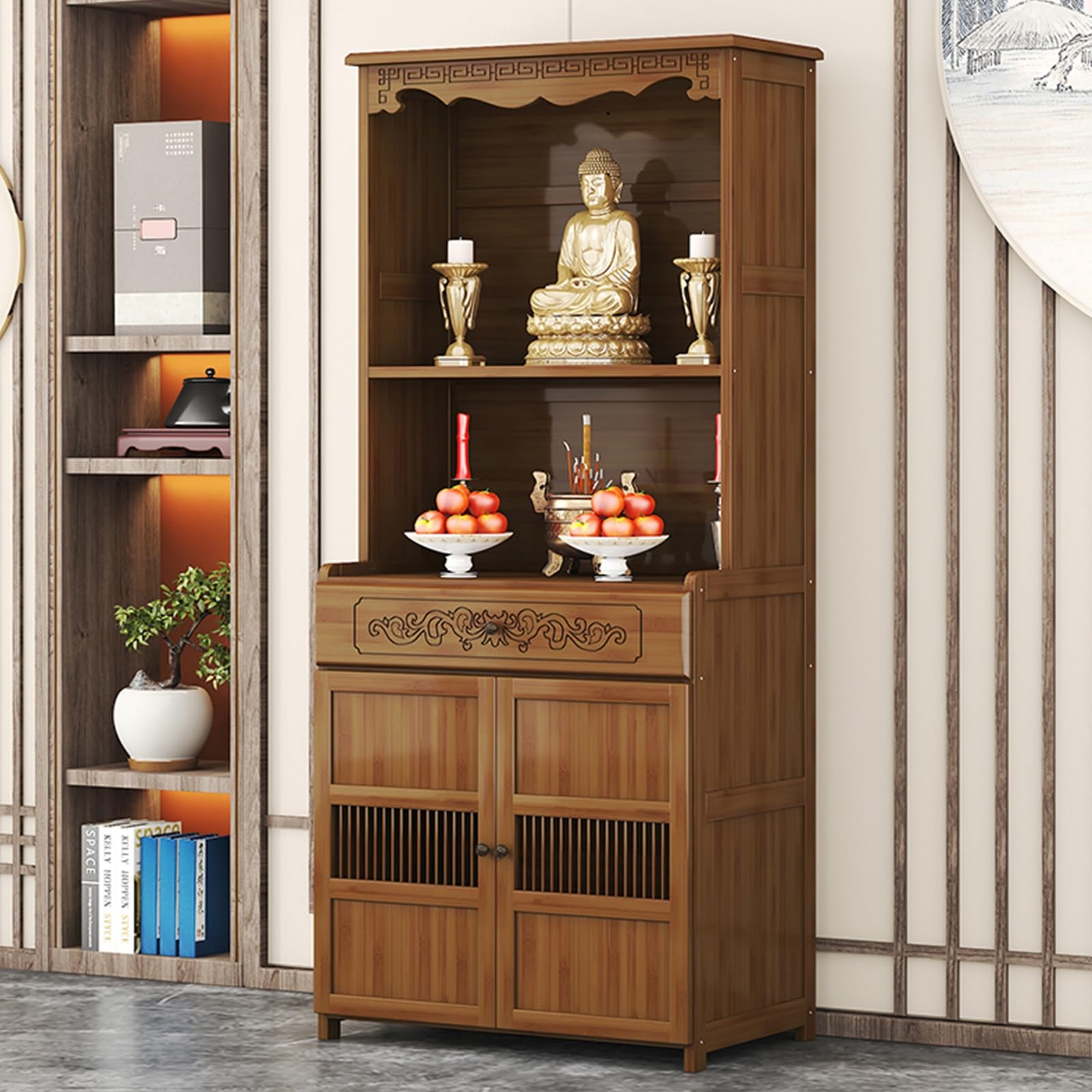 MESCXTY Open Altar Cabinet with Large Storage,Intricate Chinese Pedestal Offering Table, Fengshui Statue Display Shelf,Buddhist Table Drawer for Home Use