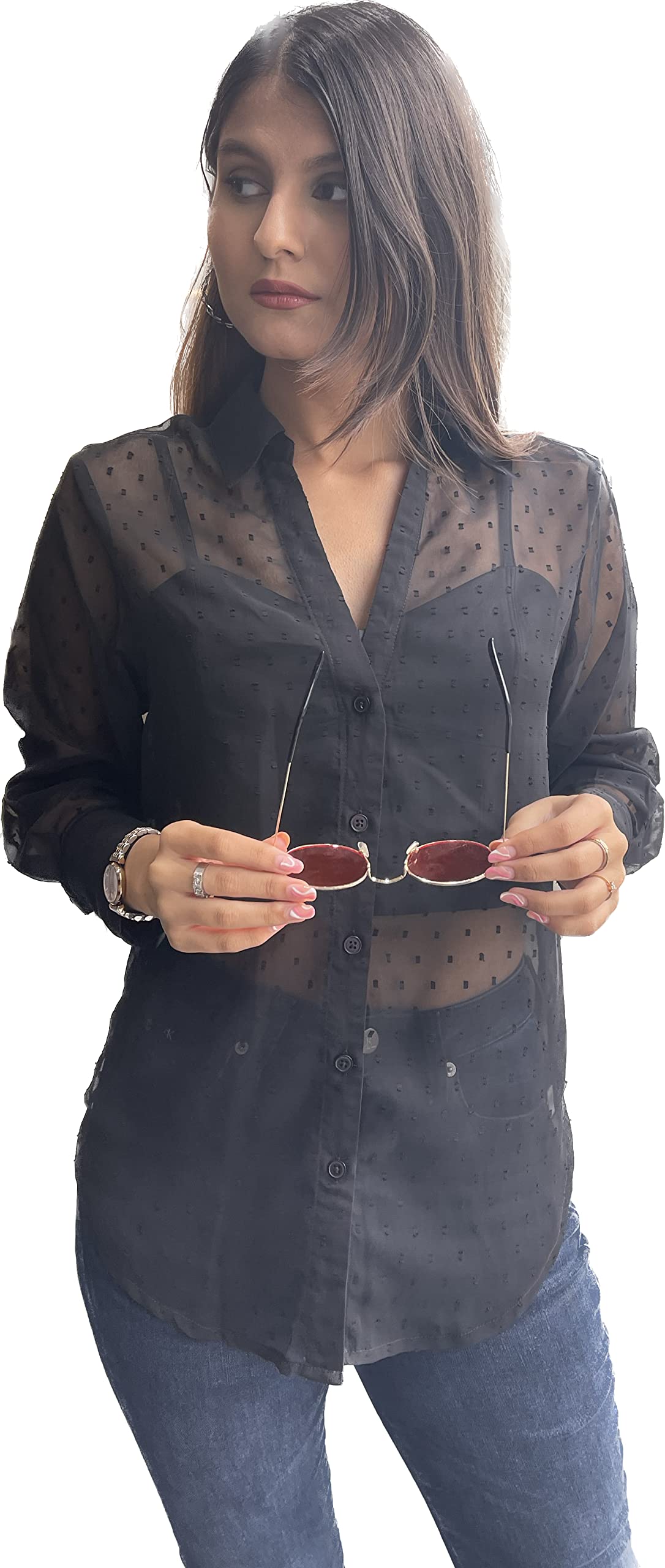 Oui Black Swiss Dot Solid Shirt