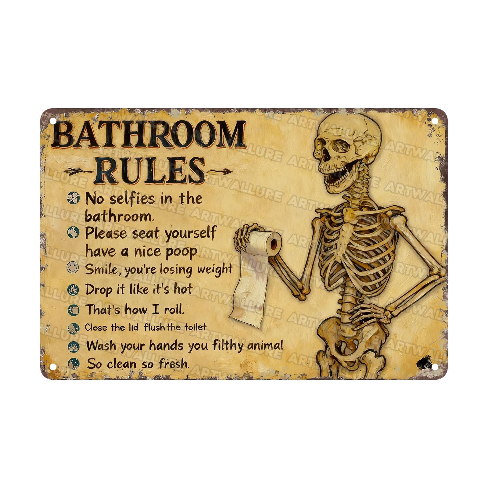 Funny Skeleton Bathroom Rules Metal Sign Vintage Gothic Humor Design For Toilet Restroom Wall Decor 8x12Inch