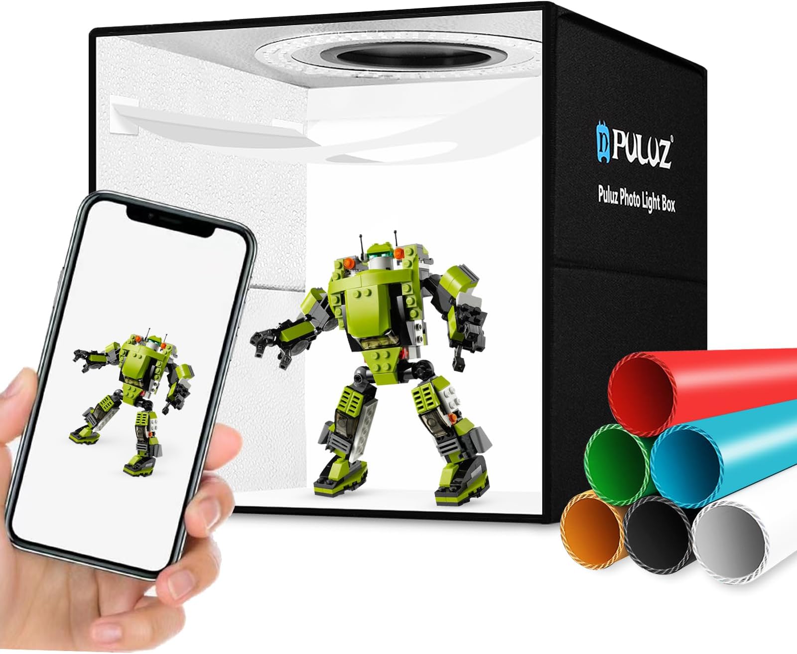 PULUZ ライトボックス 写真撮影 12インチx12インチ プロフェッショナル 調光可能 シューティングテントキット CRI >95 ホワイト照明 112 LED ライト + 6 写真背景幕付き 製品ディスプレイ用 (ブラック)