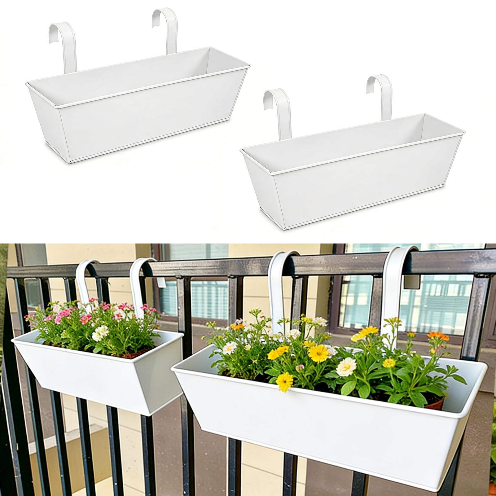 2-Pakowa Skrzynka Na Doniczki Z Balustradami, Metalowa Wisząca Doniczka Z 4 Otworami Drenażowymi I Haczykami, Prostokątna Donica Z Balustradą Zewnętrzną Na Balkon Na Werandzie