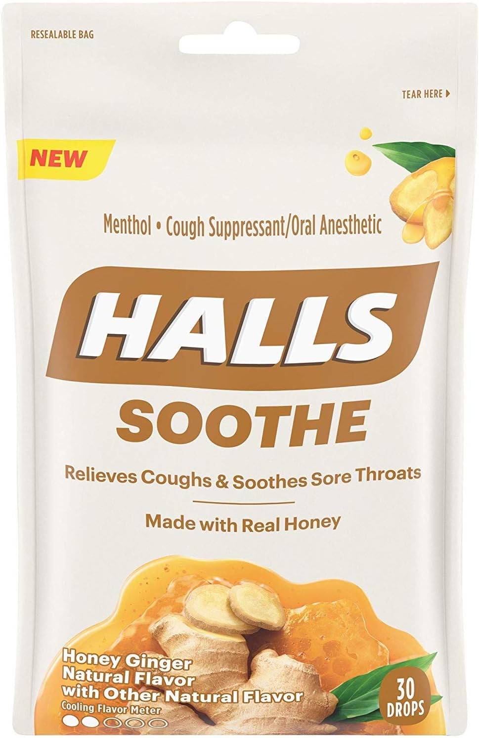 HallsHoney Cough Drops, Honey Ginger Flavor, 1 Resealable Bag (30 Drops Total)