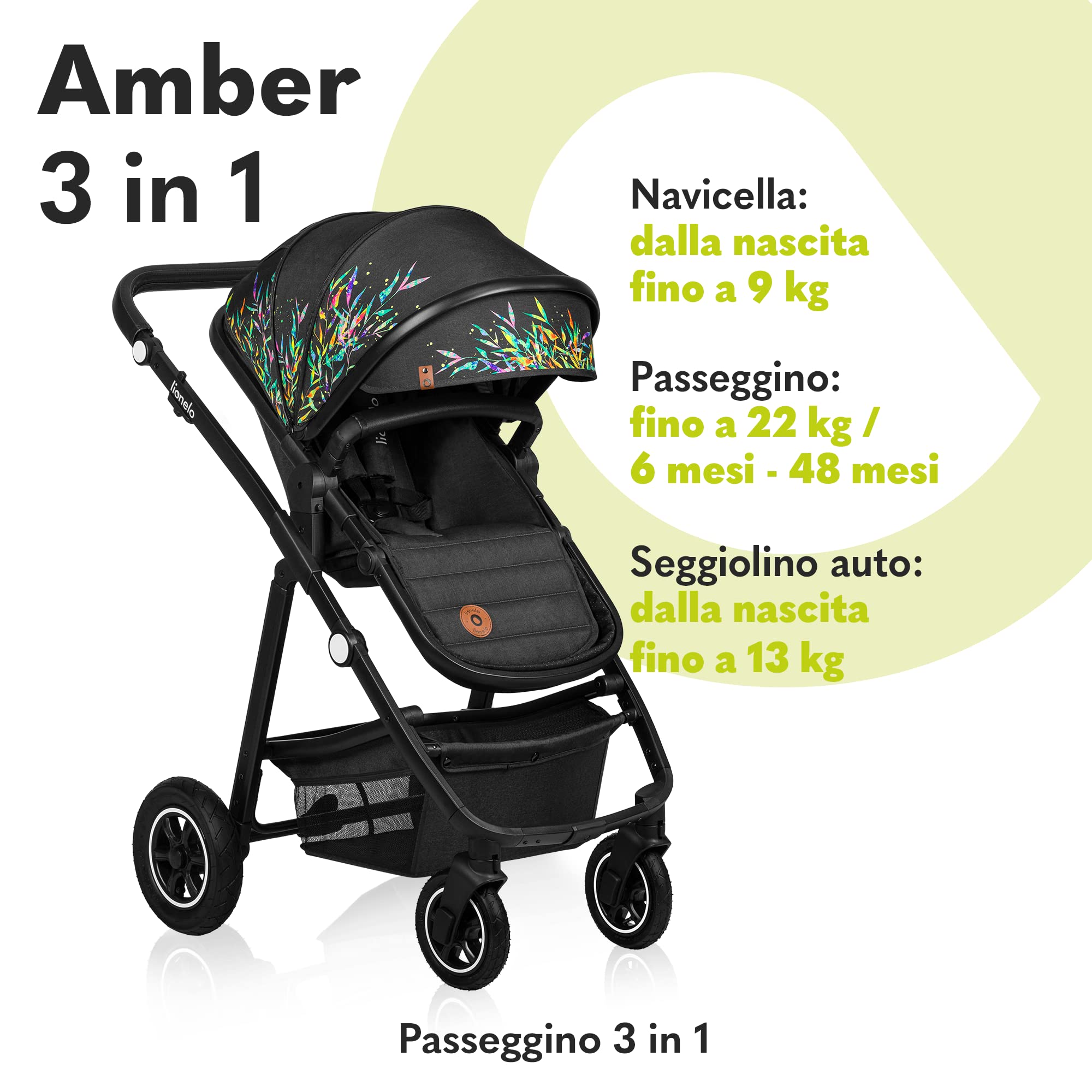 LIONELO Amber Passeggino Trio 0-22 kg Passeggino set 3-in-1: Passeggino + Navicella + Ovetto per neonato e bambini 0 fino a 48 mesi o 22 kg Regolabile e pieghevole, Ruote grandi, Cappotina XXL | Passeggino Per bambini Fino a 22 kg con Navicella e Ovetto,
