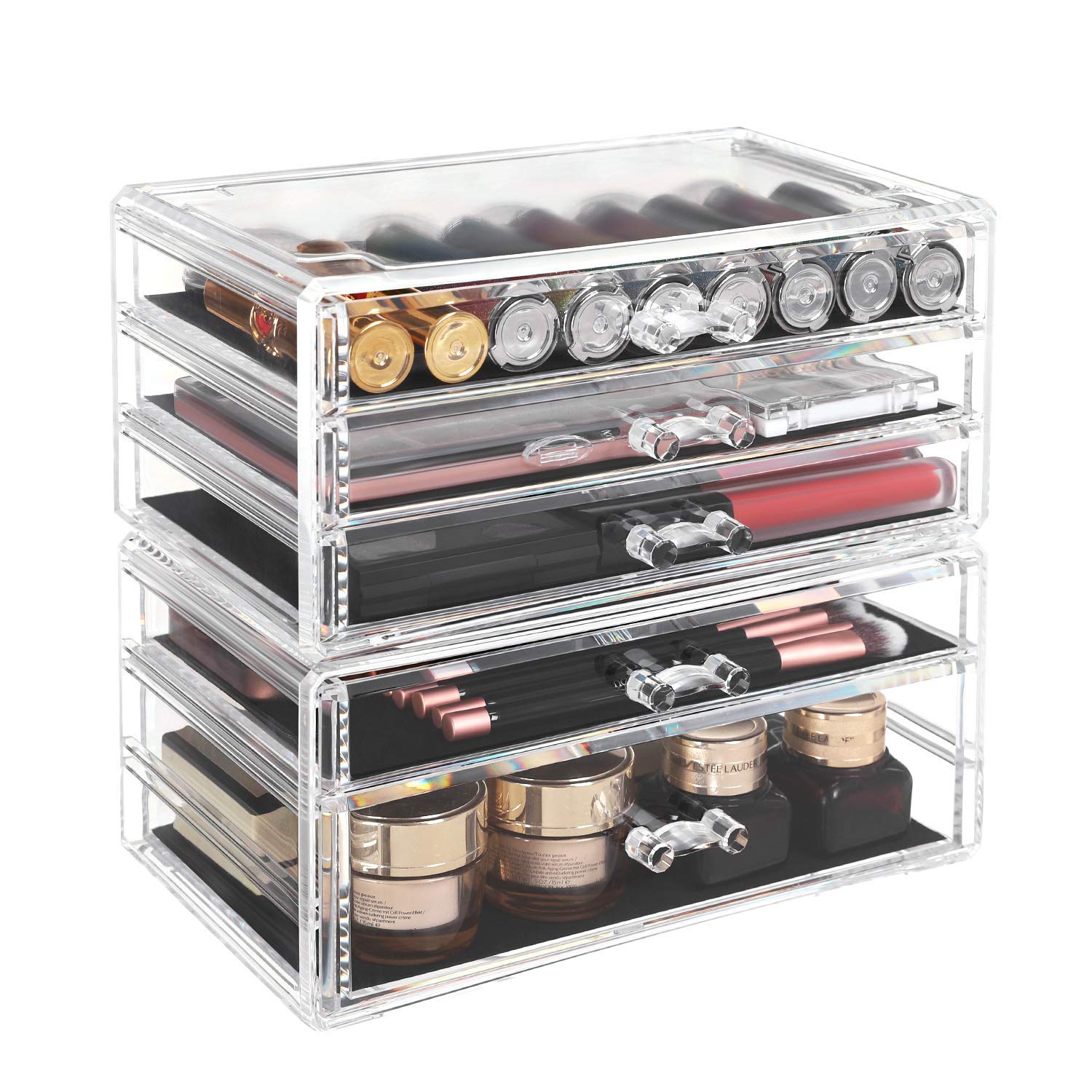 SONGMICS Organizer Trucchi, Armadietto per Gioielli e Cosmetici a 2 Contenitori Impilabile, con 5 Cassetti, Polistirene Trasparente JMU32TP