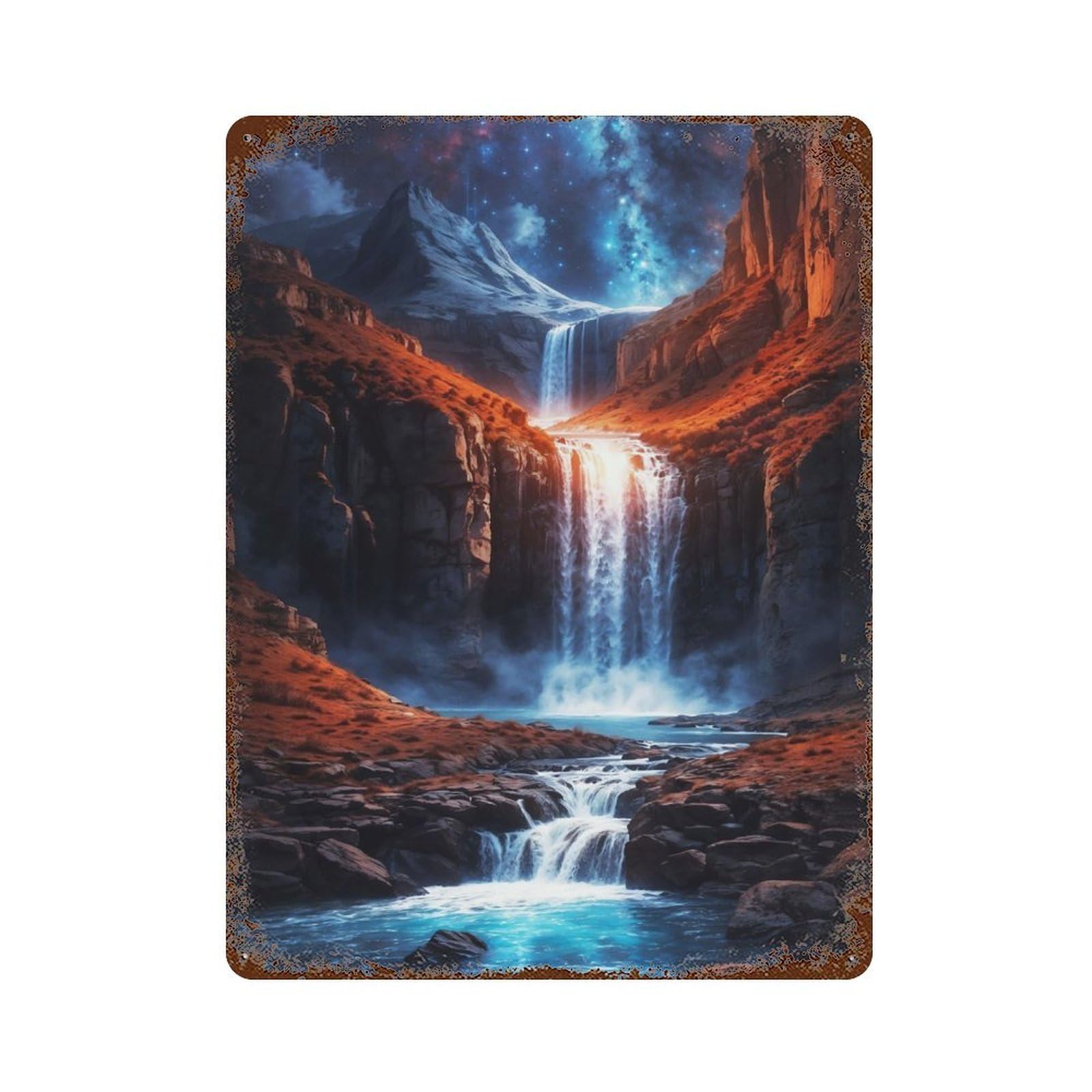 Aged Metal Wall Plaque with Majestic Waterfall Design 15.7"x11.8", for Farmhouse, Kitchen And Entryway Decor, Retro Wall Decor
