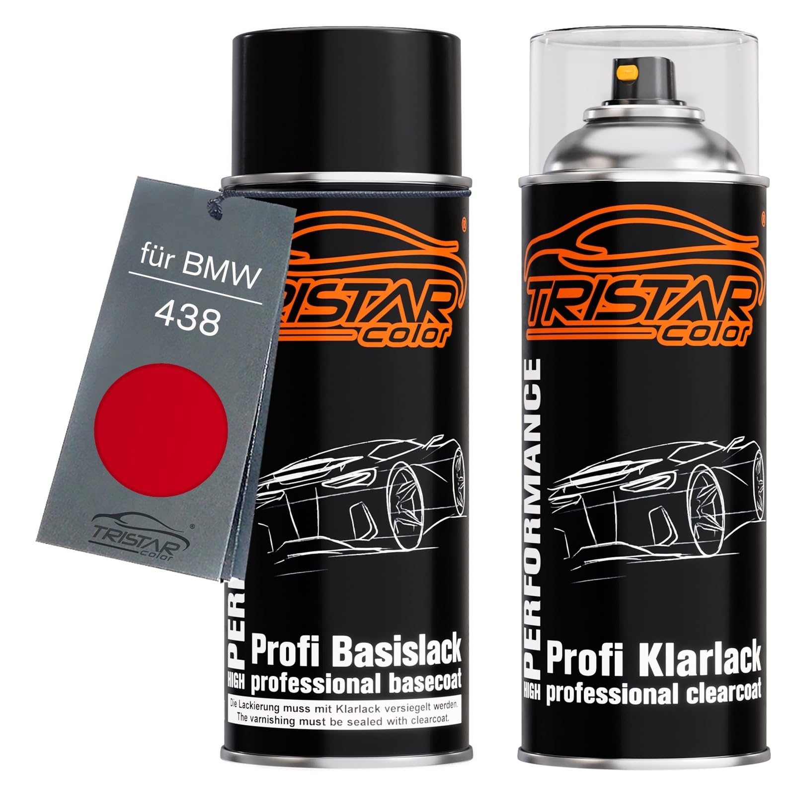 TRISTARcolor Autolack Spraydosen Set für BMW 438 Japanrot/Electric Red Basislack Klarlack Sprühdose 400ml