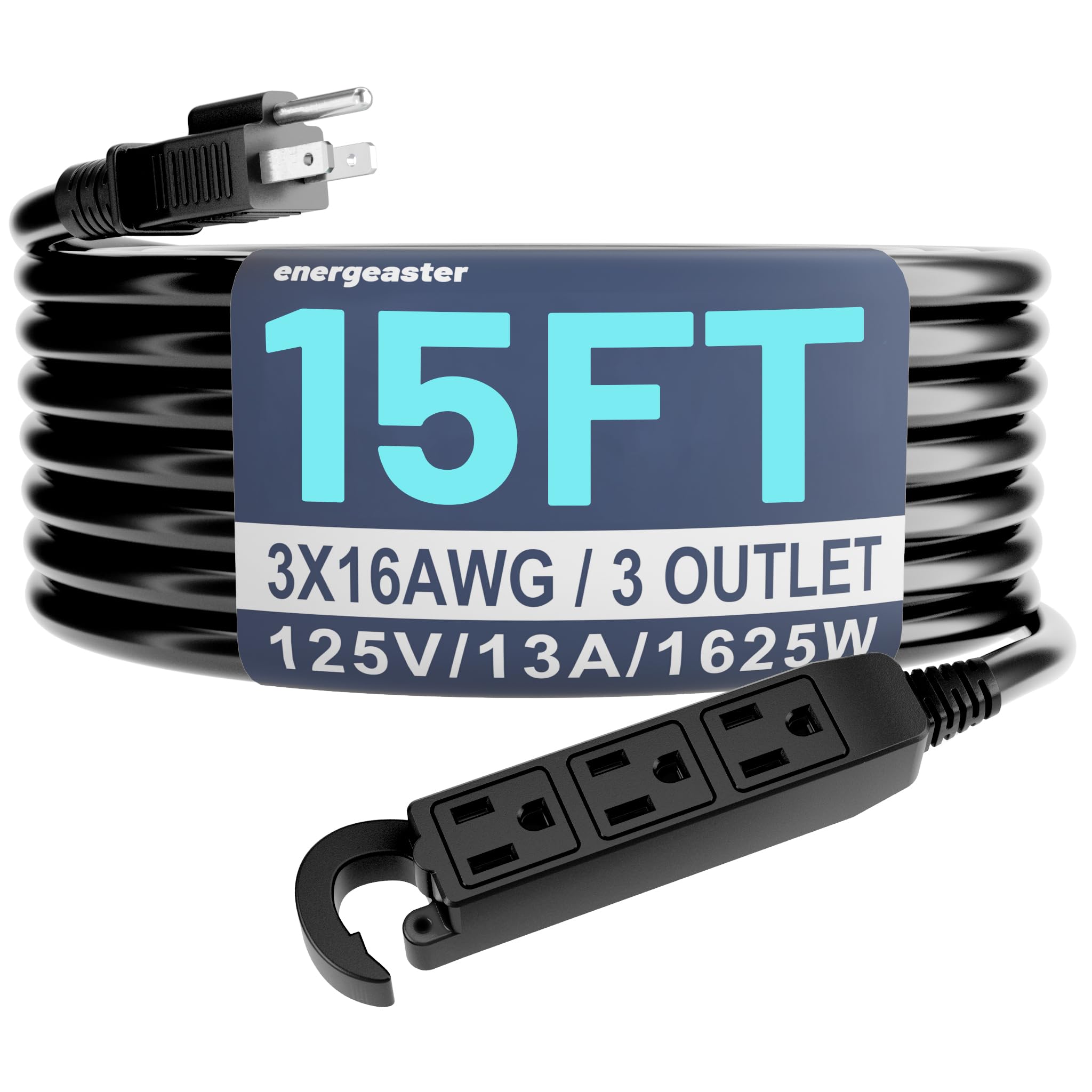 Energeaster 16/3 15ft 3 Outlet Extension Cord Outdoor/Indoor, Black