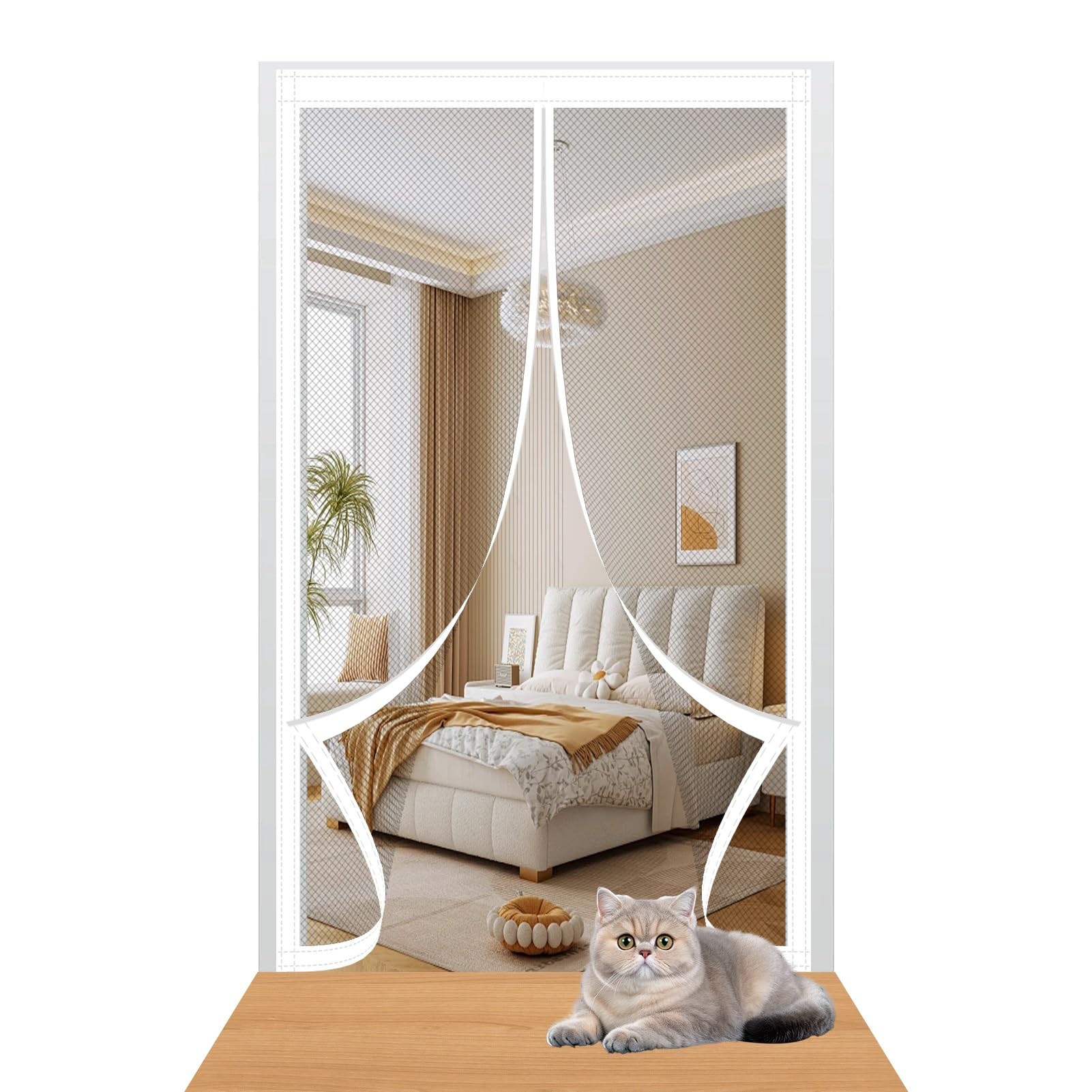 Mosquito Door Net Magnetic 136 x 206 cm Easy to Install Without Drilling Door Fly Screen Curtain with Powerful Magnets/Full Frame Magic Tape for Home Office Balcony Patio Garden, White