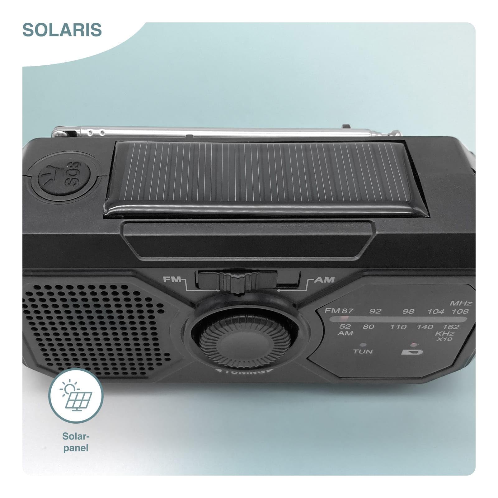 SOLARIS Tragbarer Kurbelradio mit integrierter Taschenlampe, Solarpanel und Handkurbel-Ladefunktion.