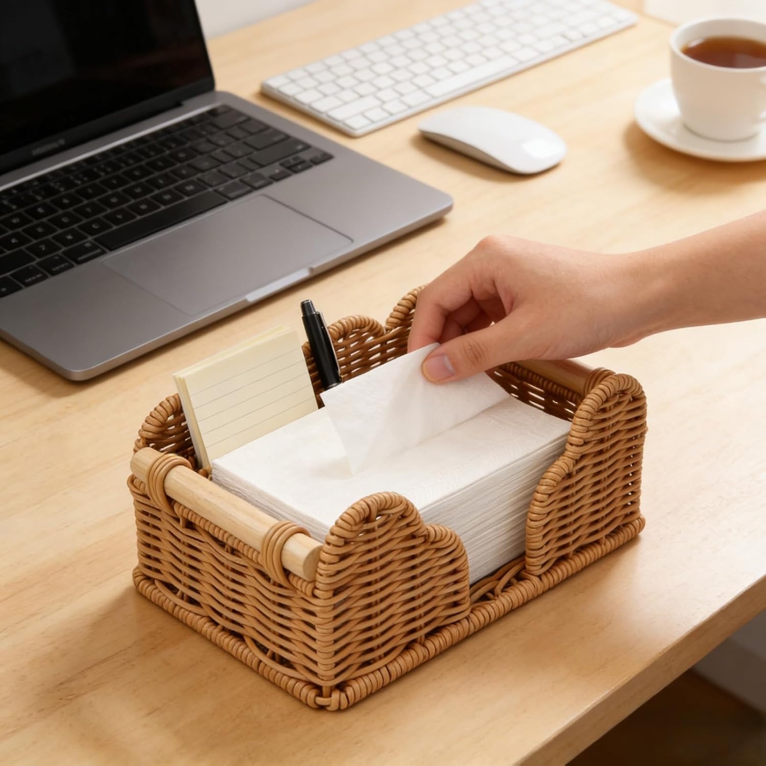 Napkin Holder for Table, Cute Napkin Basket with Wooden Handles, Disposable Paper Hand Towel Holder, Woven Guest Towel Tray for Bathroom, Farmhouse Dining Table Decor