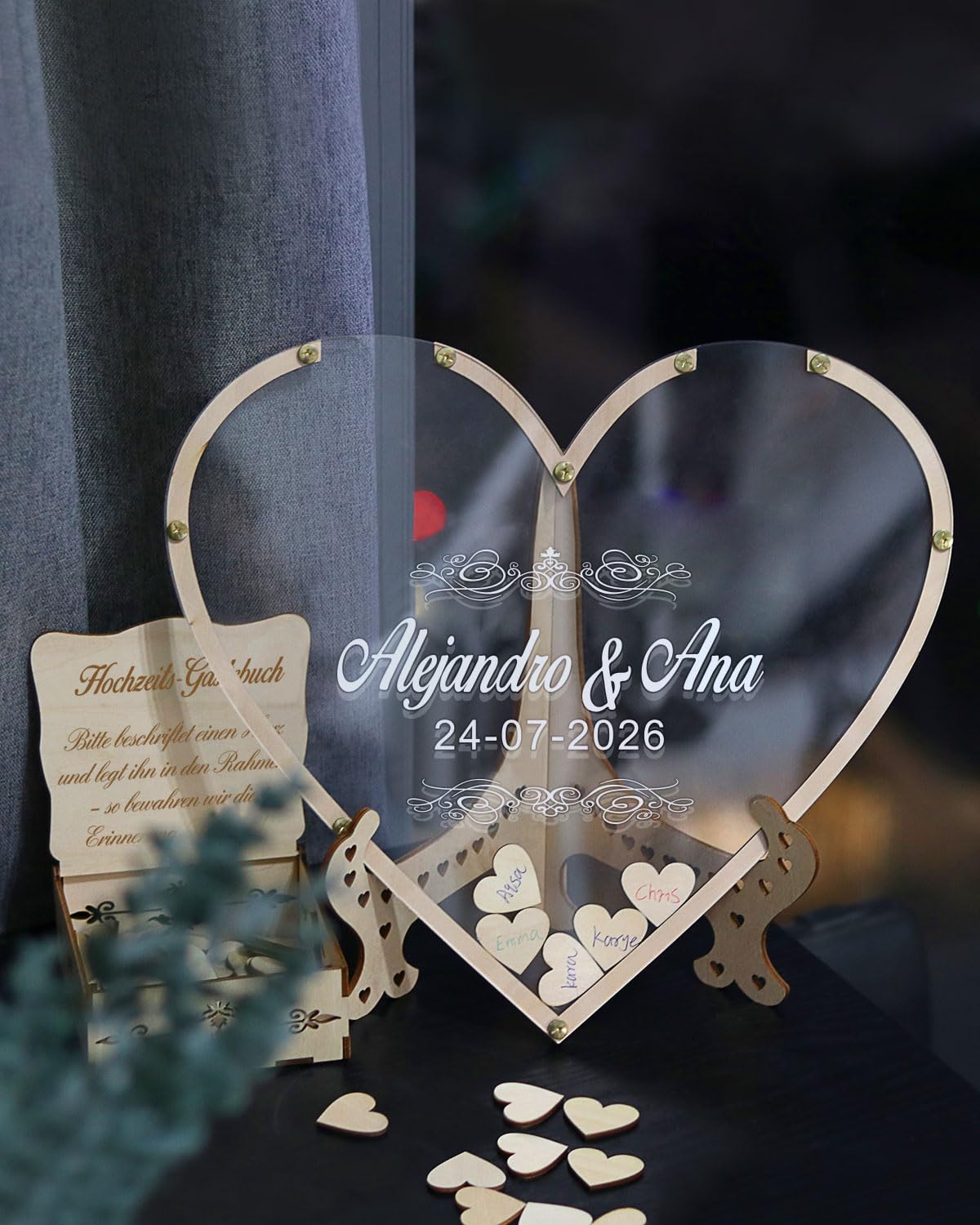 Herz Hochzeit Gästebuch Alternative aus Acryl & Holz - Personalisiert mit Gravur für 30-200 Gäste (13 Designs & 10 Schriftarten wählbar) (Stil 2, Herz)
