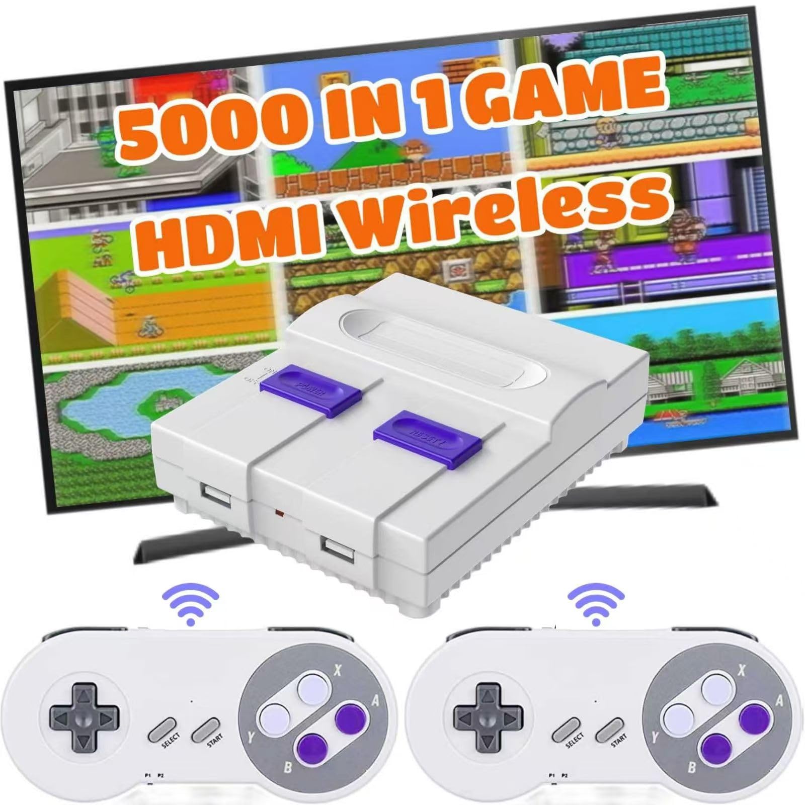 Super Classic Retro Game Console Built-in 5000 Video Games and Dual 2.4G Wireless Controllers,4K HDMI Output Plug & Play TF Expansion. (Grey-Blue)