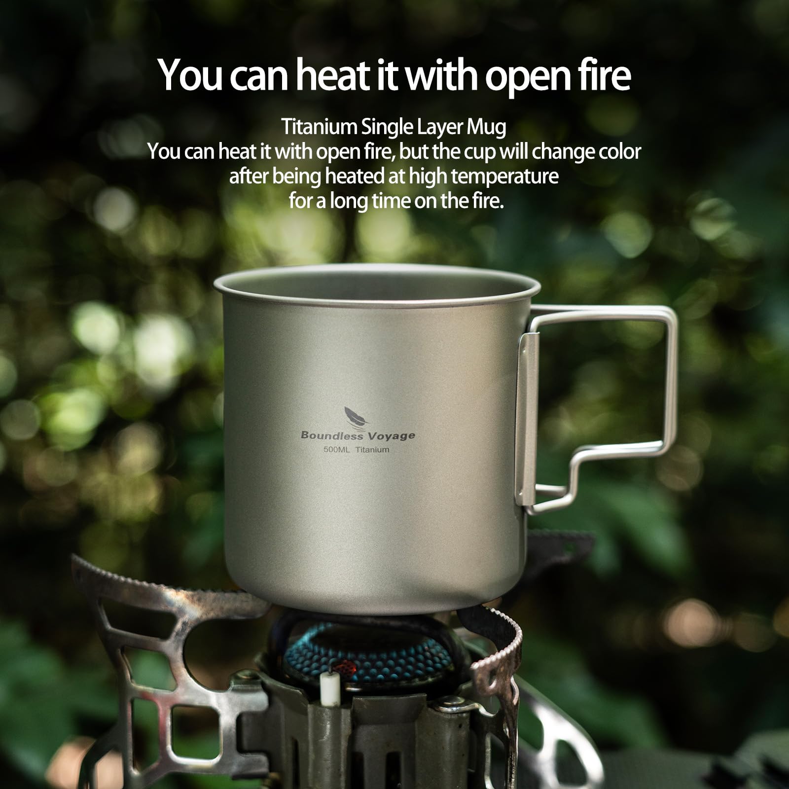 iBasingo US-Ti3059D Tasse en titane avec couvercle et poignée pliable à paroi simple pour le camping et la boisson en plein air 500 ml