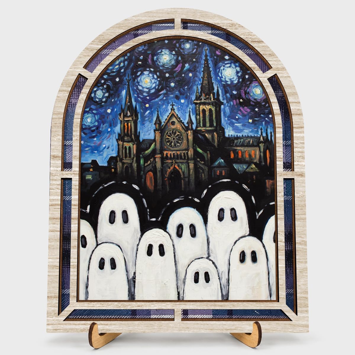 Halloween Ghost Crowd Castle Starry Night Retro Wooden Wall Art Decor Sign