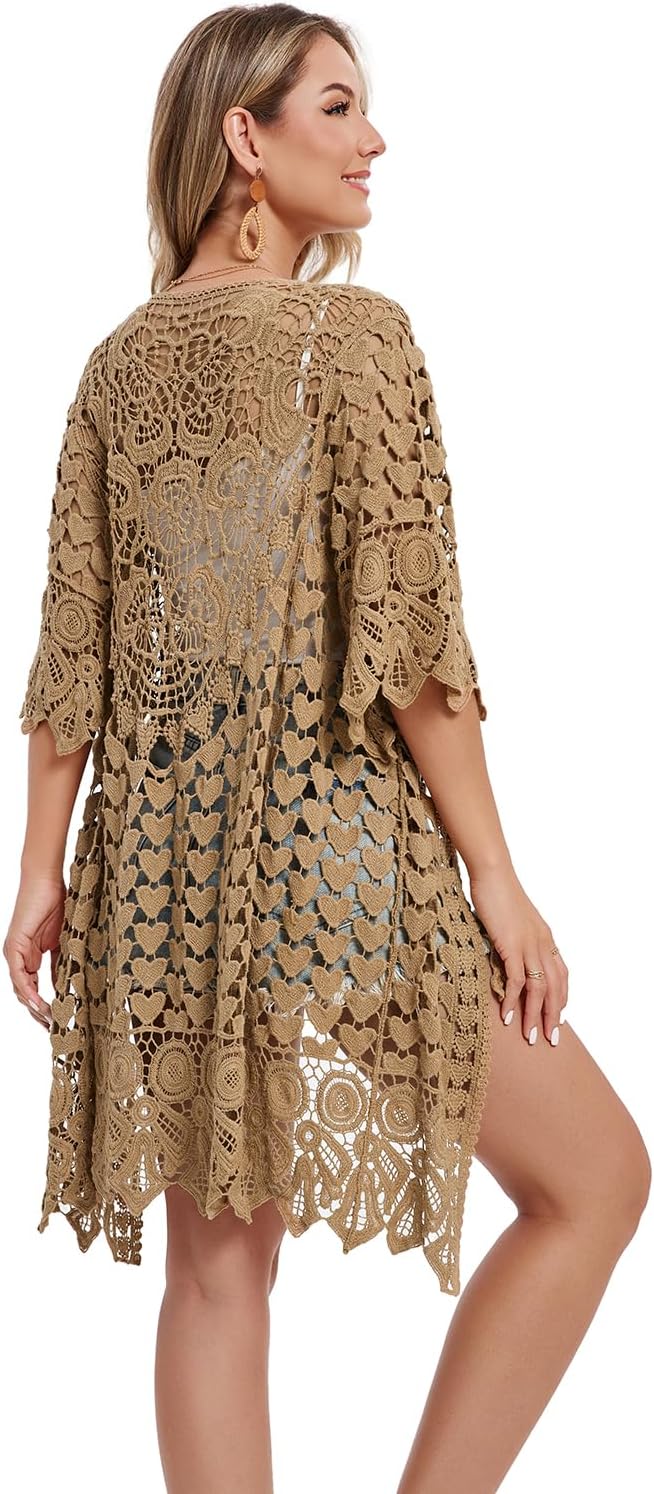 Women's Hollow Out Lace Kimono Short Sleeve Crochet Cardigan Cover up - Image 2
