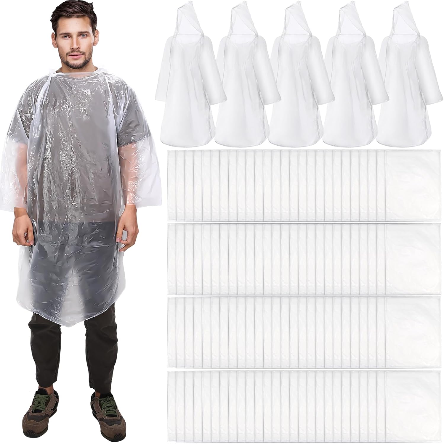 Berlune 60 Pieces Disposable Rain Ponchos for Adults Disposable Ponchos Pack Bulk with Hood Emergency Ponchos Raincoats for Camping Themed Park