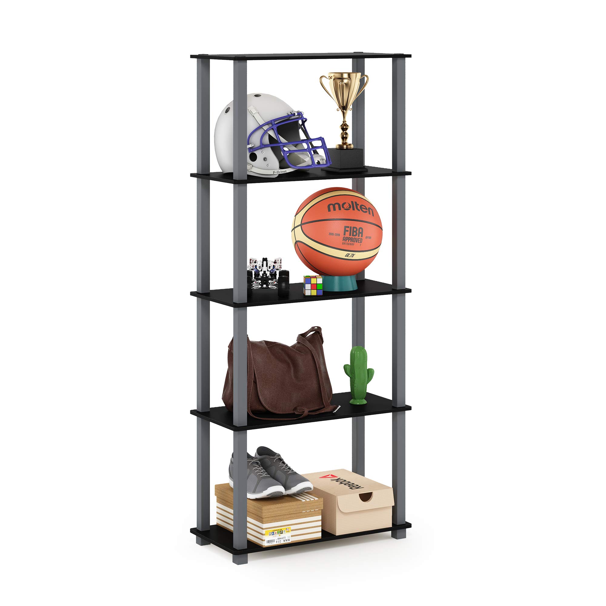 Furinno Turn-N-Tube 5-Tier Multipurpose Shelf / Display Rack / Storage Shelf / Bookshelf, Square Tubes, Black/Grey