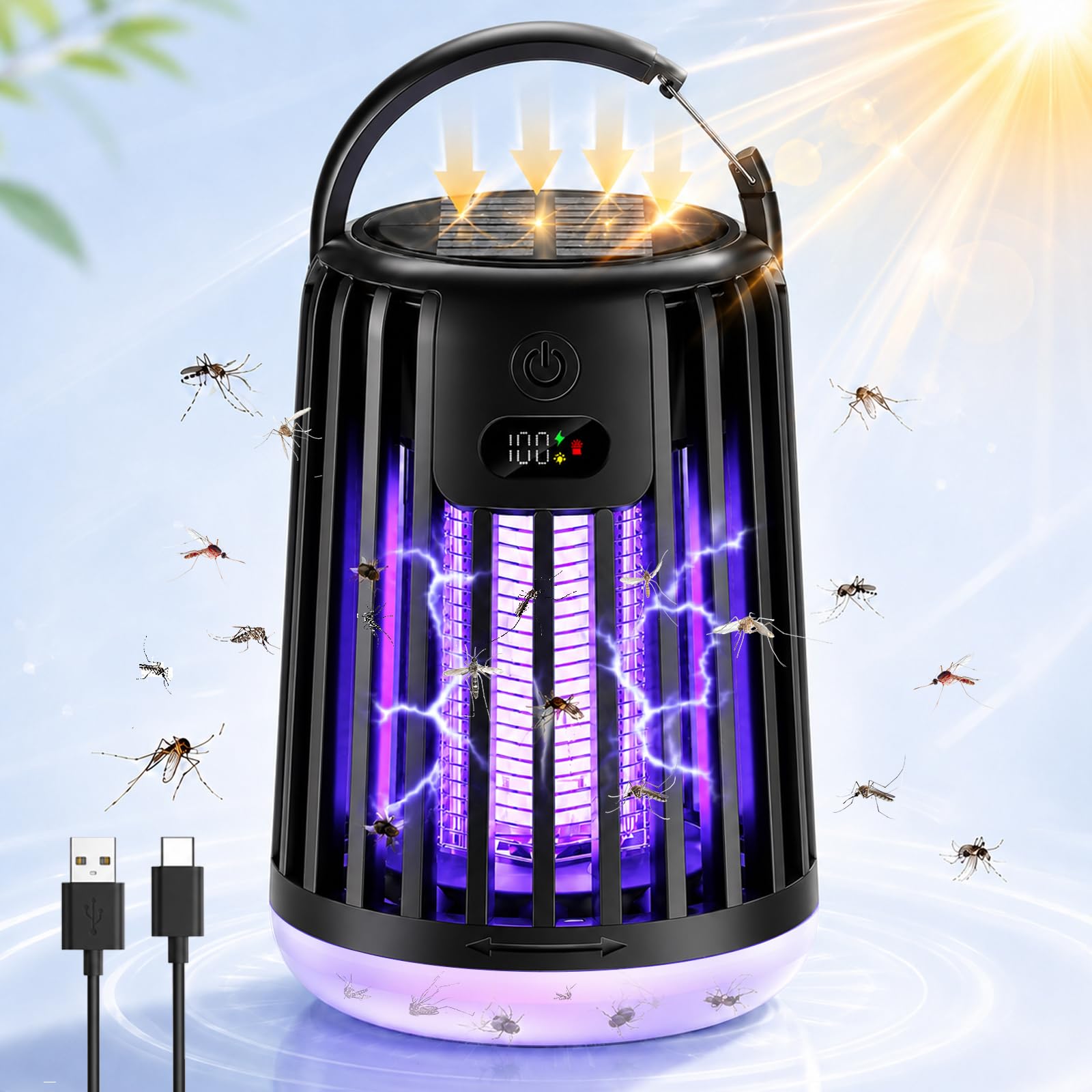 Aolete 電撃殺虫器【2026最新進化モデル・捕虫器】ソーラー＆USB-C充電式 2000mAh大容量 UV光源吸引 バイオニック蚊誘引