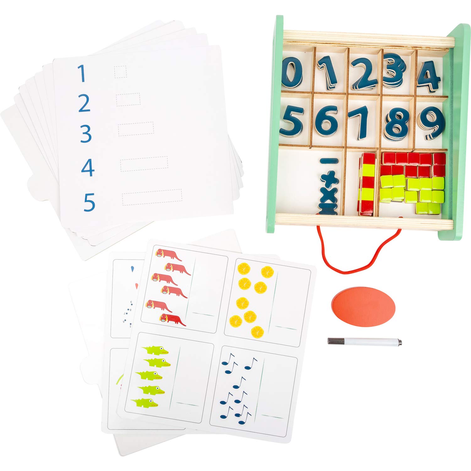 small foot Mathe 11461 Educate drewniane pudełko do nauki nauki, z paskami do transportu zabawek, wielokolorowe