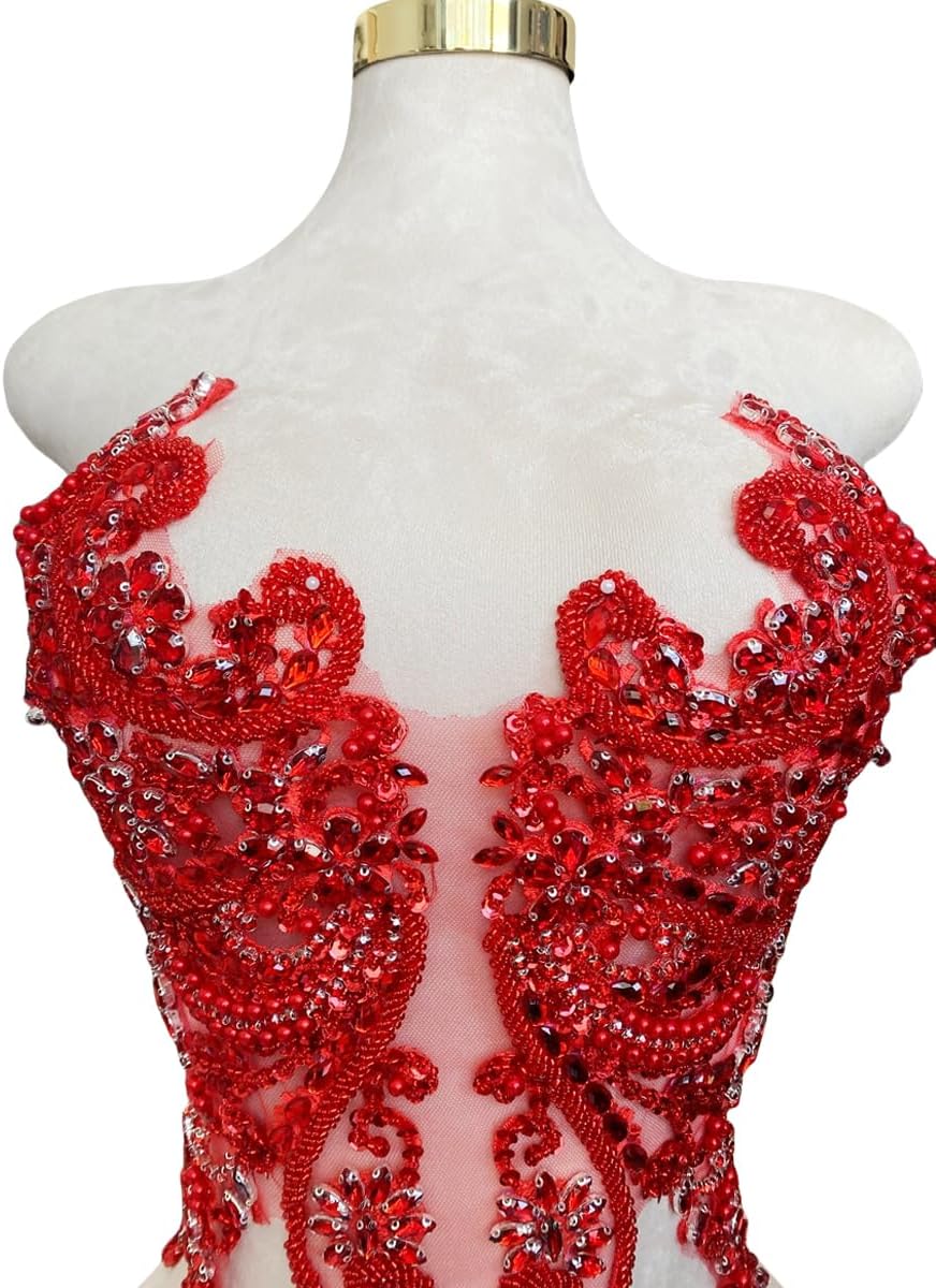 Handmade red Rhinestones Bodice lace Applique Hand Sewing Beaded Sequins Trim Patches for Dress Clothes Skirts Multiple Design Styles Accessories (G)