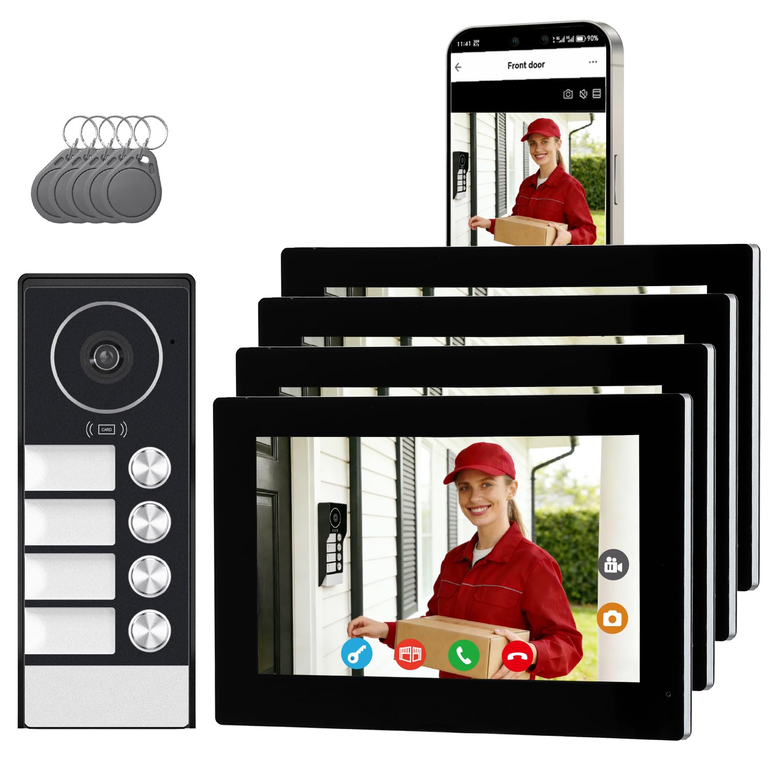 Videoportero WiFi 2 Hilos, Timbre Video Sistema Intercomunicador, Videoporteros Táctil 7",Timbre Metálico con Cámara,detección de Movimiento Humano, Kit para 4 familias