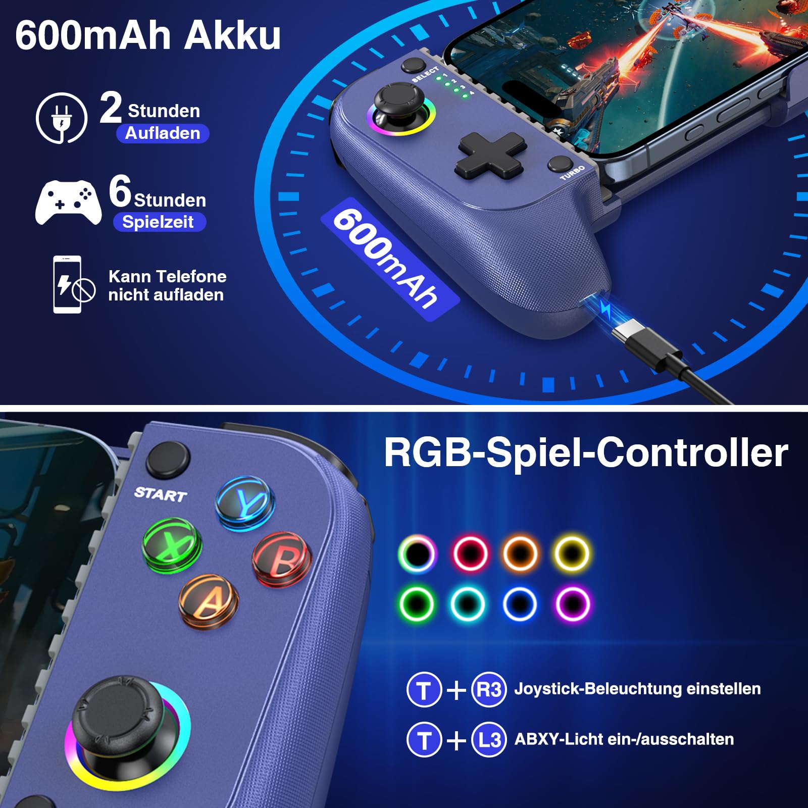 Elegamefy Controller cellulare per iPhone/Android, supporto Mobile Phone Case, with No Dead Zones Joystick, Led Light, Turbo Smartphone Controller