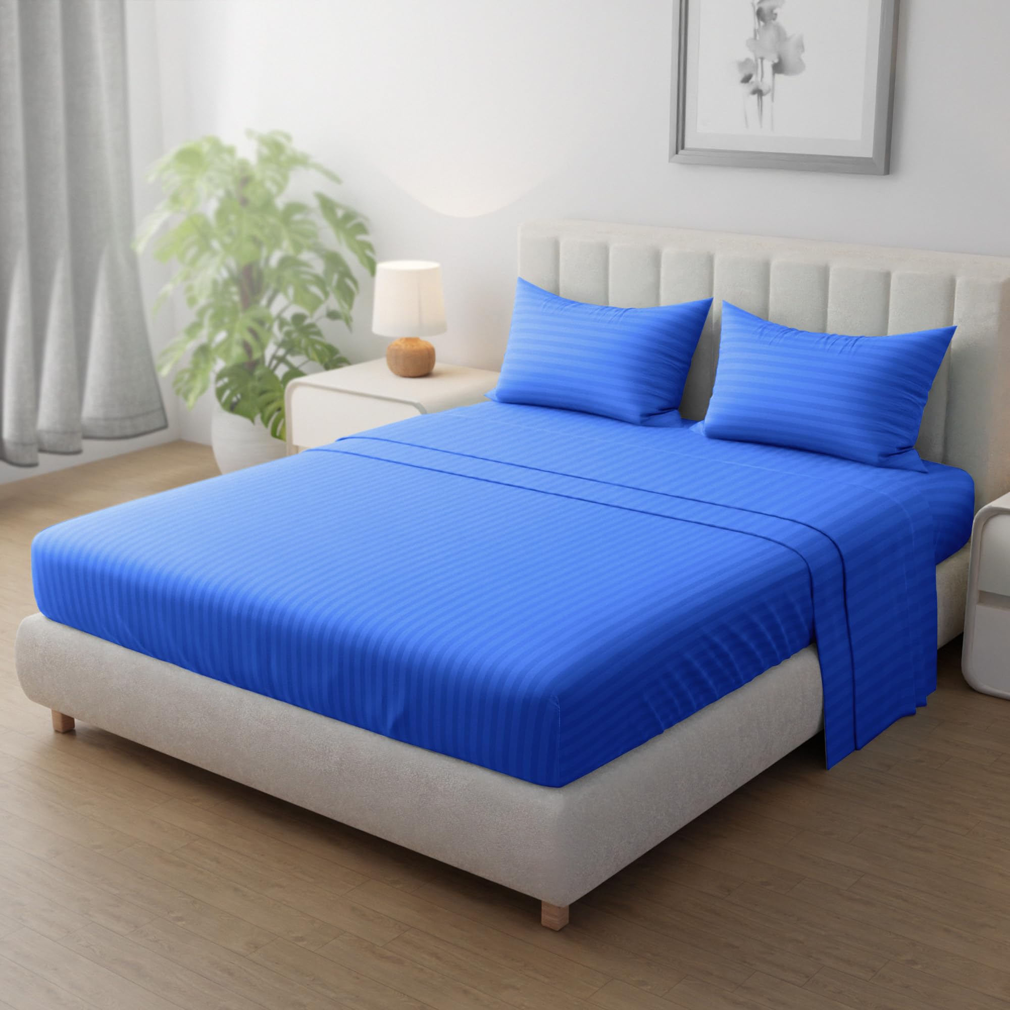 Hotel Linen Klub Striped Microfiber Fitted Sheet Set - Single (90 x 190 cm) + 2 Pillowcases (50 x 75 cm), Premium Durable Quality, Deep Pocket for a Perfect Fit, Royal Blue